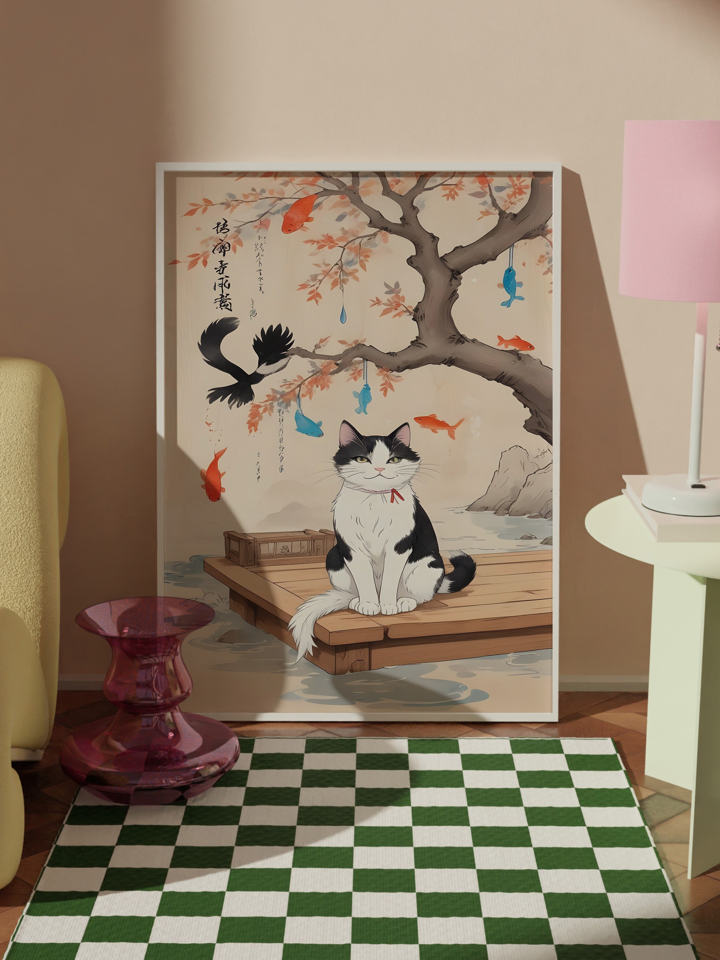 Beyaz Çerçeveli Tablo, Japanese Cats, Comfort Serisi Mutfak Duvar Tablosu, NO:109165