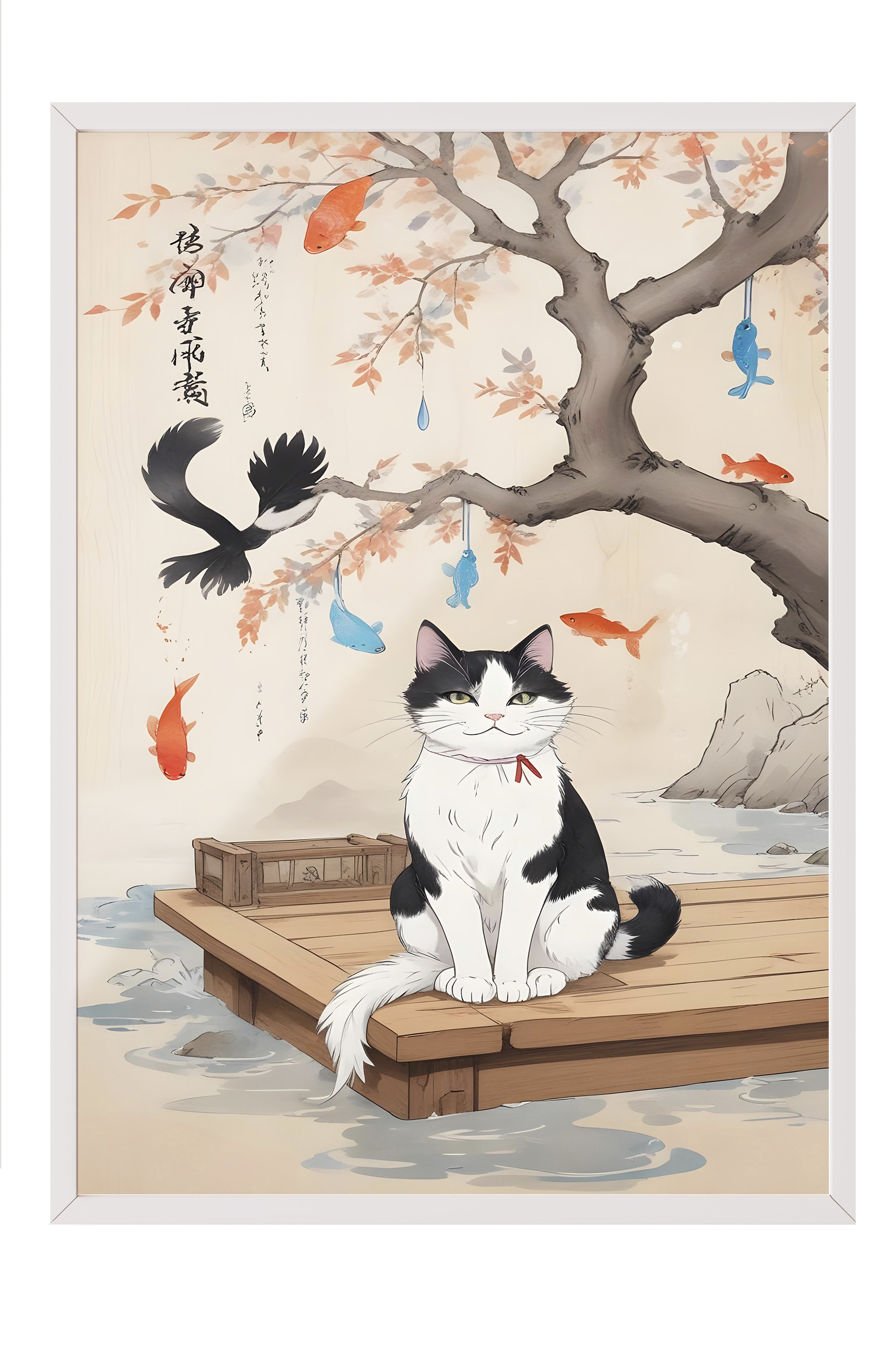 Beyaz Çerçeveli Tablo, Japanese Cats, Comfort Serisi Mutfak Duvar Tablosu, NO:109165