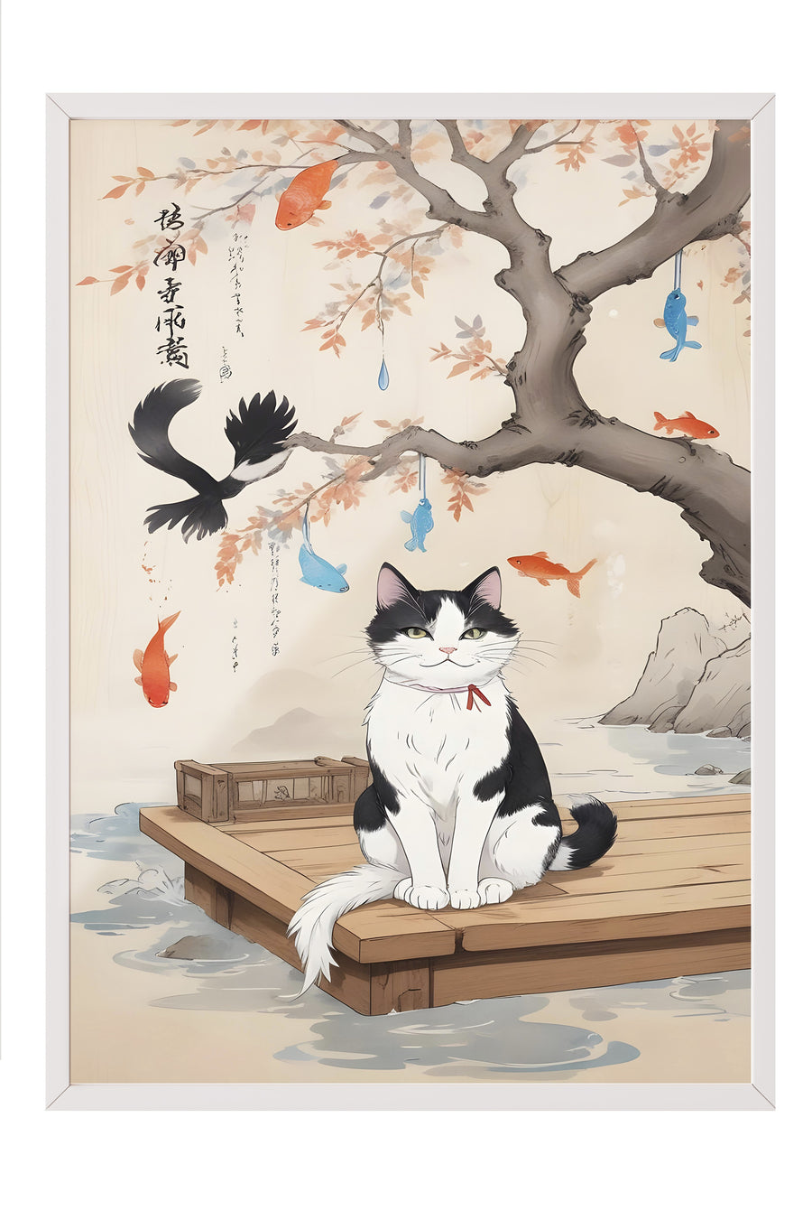 Kedi ve Sonbahar Yaprakları Poster – Beyaz Çerçeveli Tablo