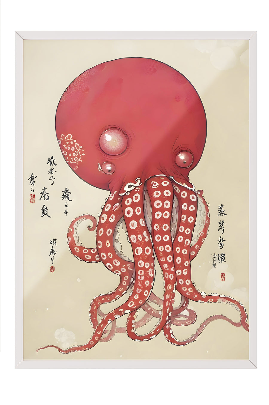 Kızıl Ahtapot Sanatı Japon Sanatı Poster – Beyaz Çerçeveli Tablo