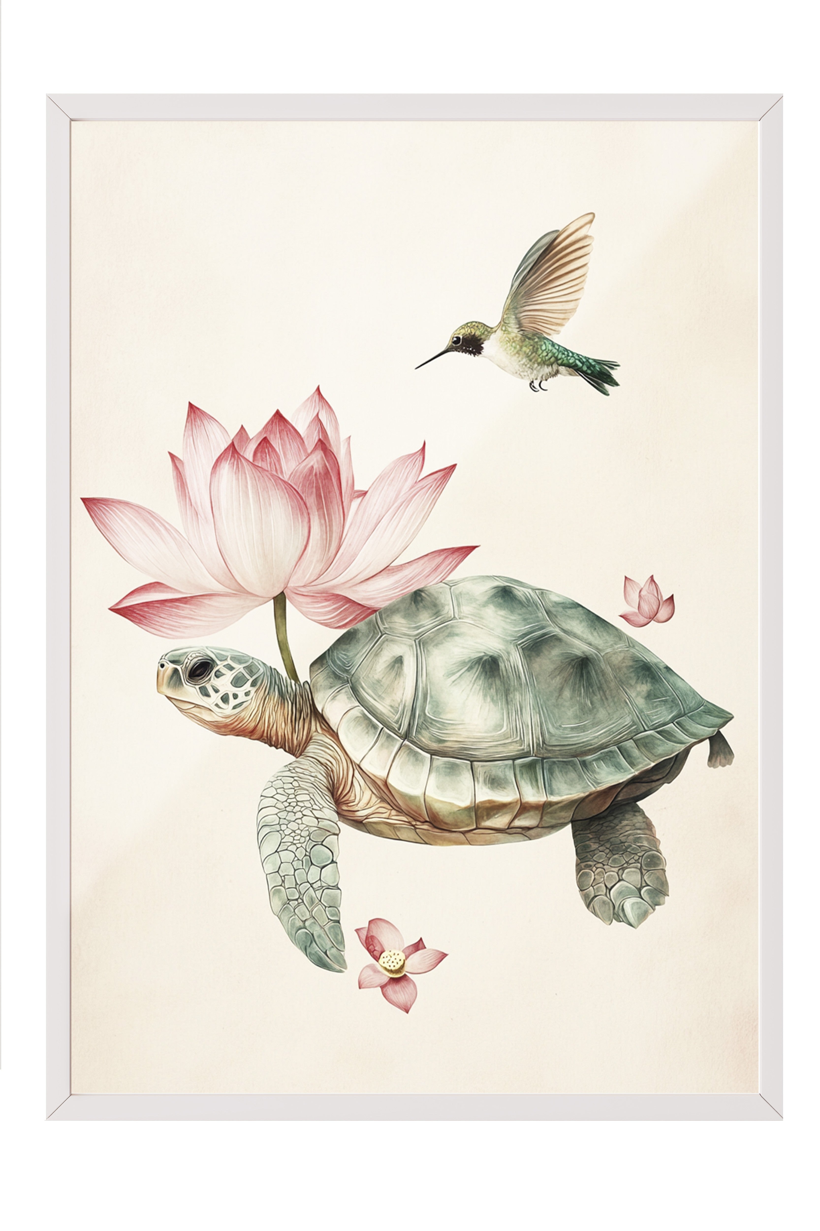 Beyaz Çerçeveli Tablo, Kaplumbağa, Sinek Kuşu, Lotus, İllüstrasyon, Pastel Tonlar Renk Poster, 2025 Yaz Seçkisi, NO:109795