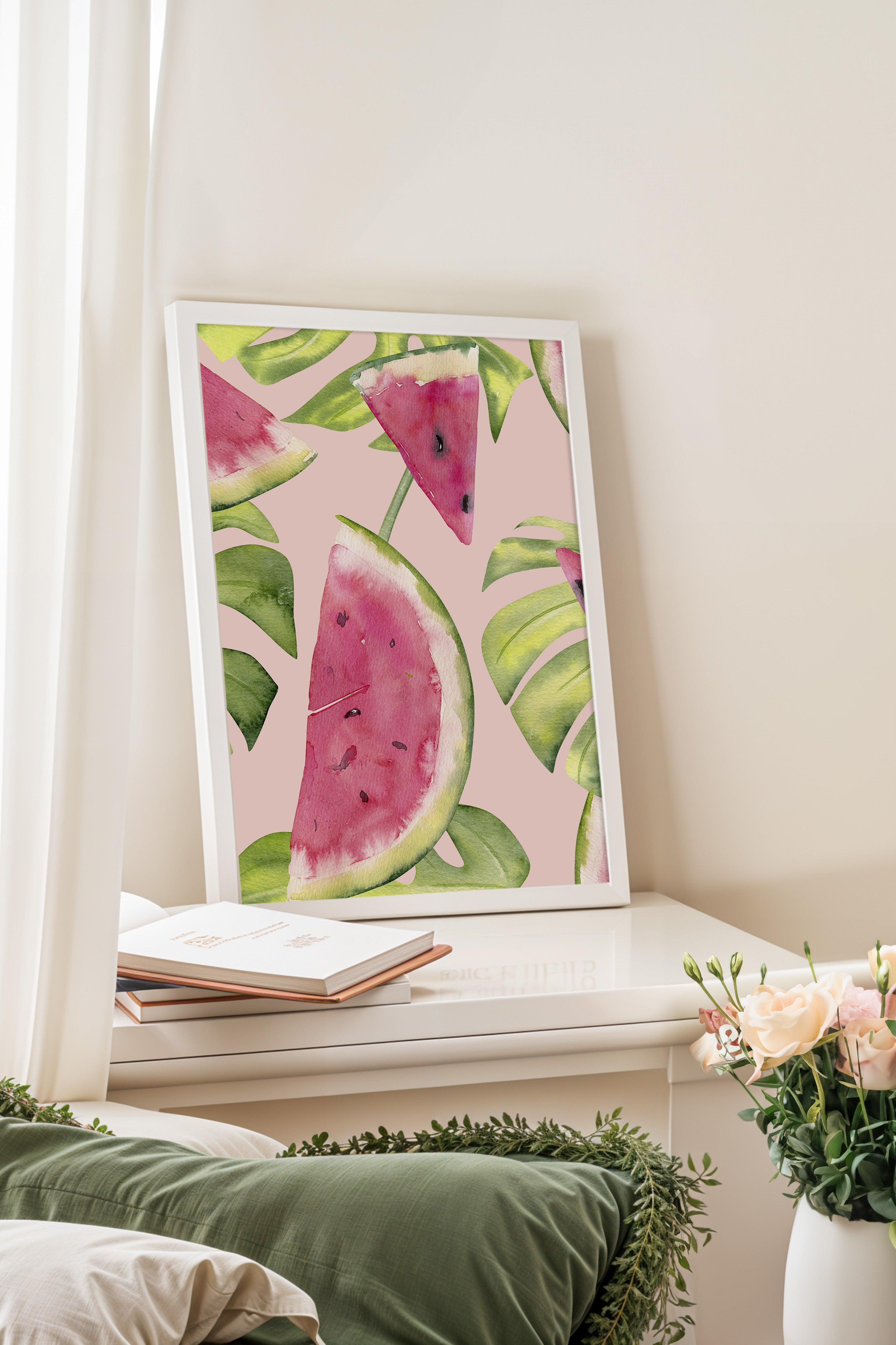 Beyaz Çerçeveli Tablo, Karpuz, Yaprak, Suluboya, Botanik, Pembe, Yeşil Renk Poster, 2025 Yaz Seçkisi, NO:109803