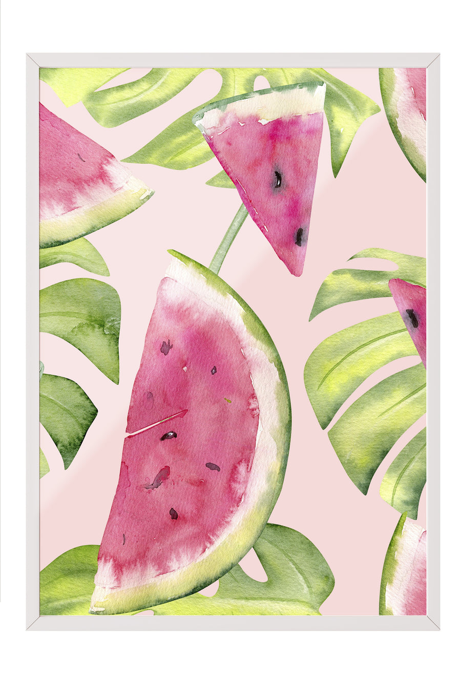 Karpuz Dilimi ve Yeşil Yapraklar Poster Poster – Beyaz Çerçeveli Tablo