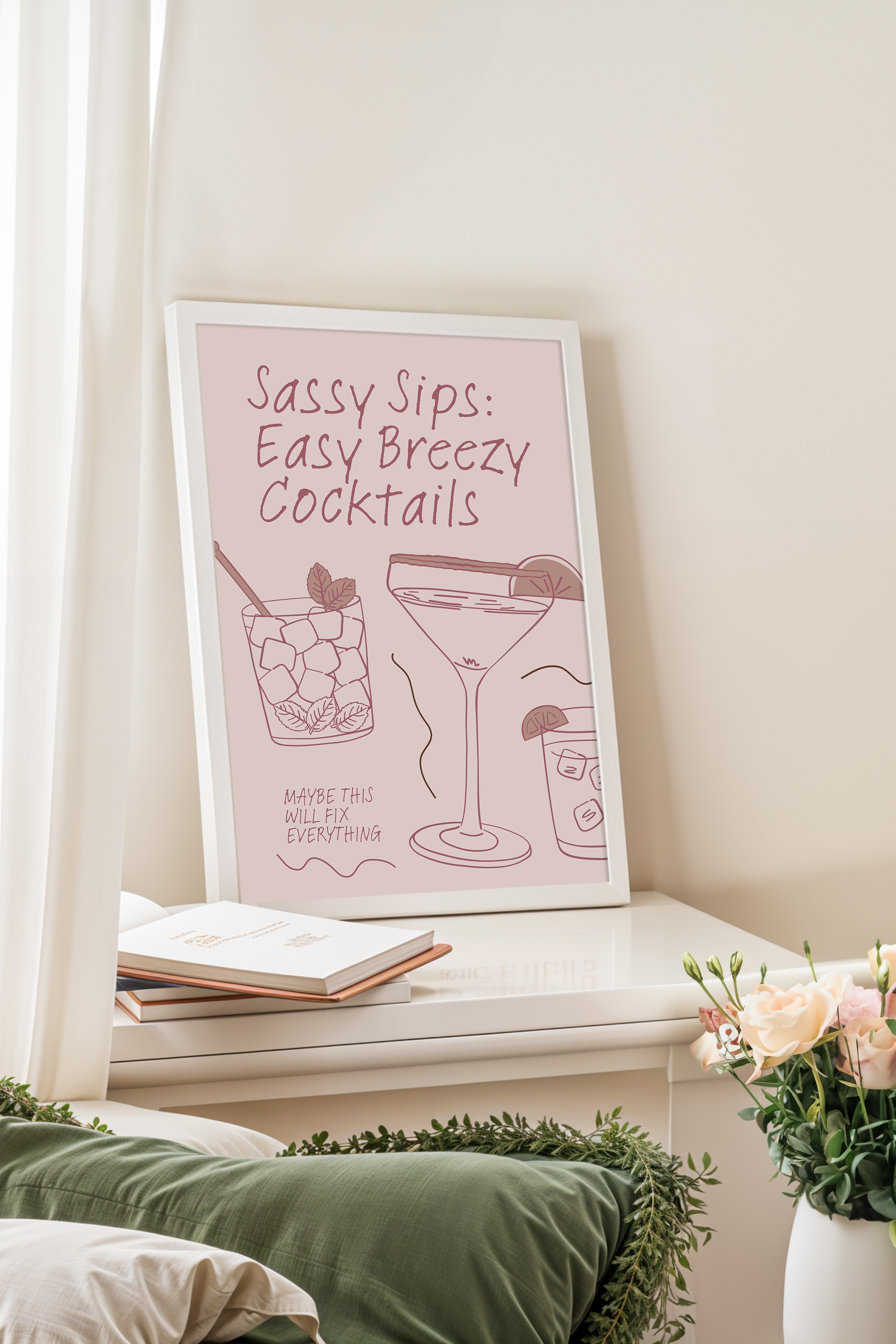 Beyaz Çerçeveli Tablo, Kokteyller, Metin, illüstrasyon, Minimalist, Pembe, Pastel Tonlar Renk Poster, 2025 Yaz Seçkisi, NO:109805