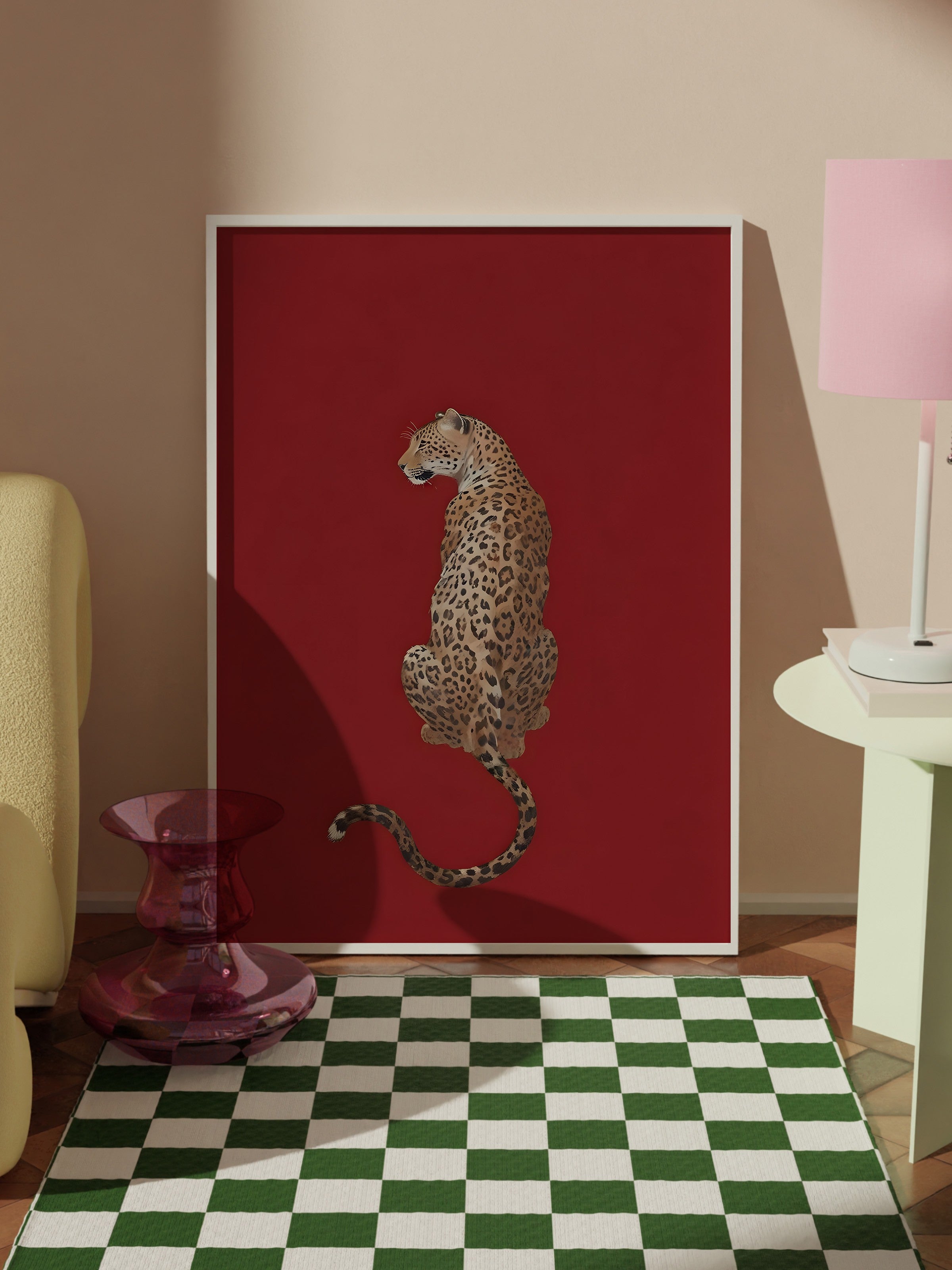 Beyaz Çerçeveli Tablo, Kırmızı Leopar, Comfort Serisi Poster ve Duvar Tablosu, NO:108954