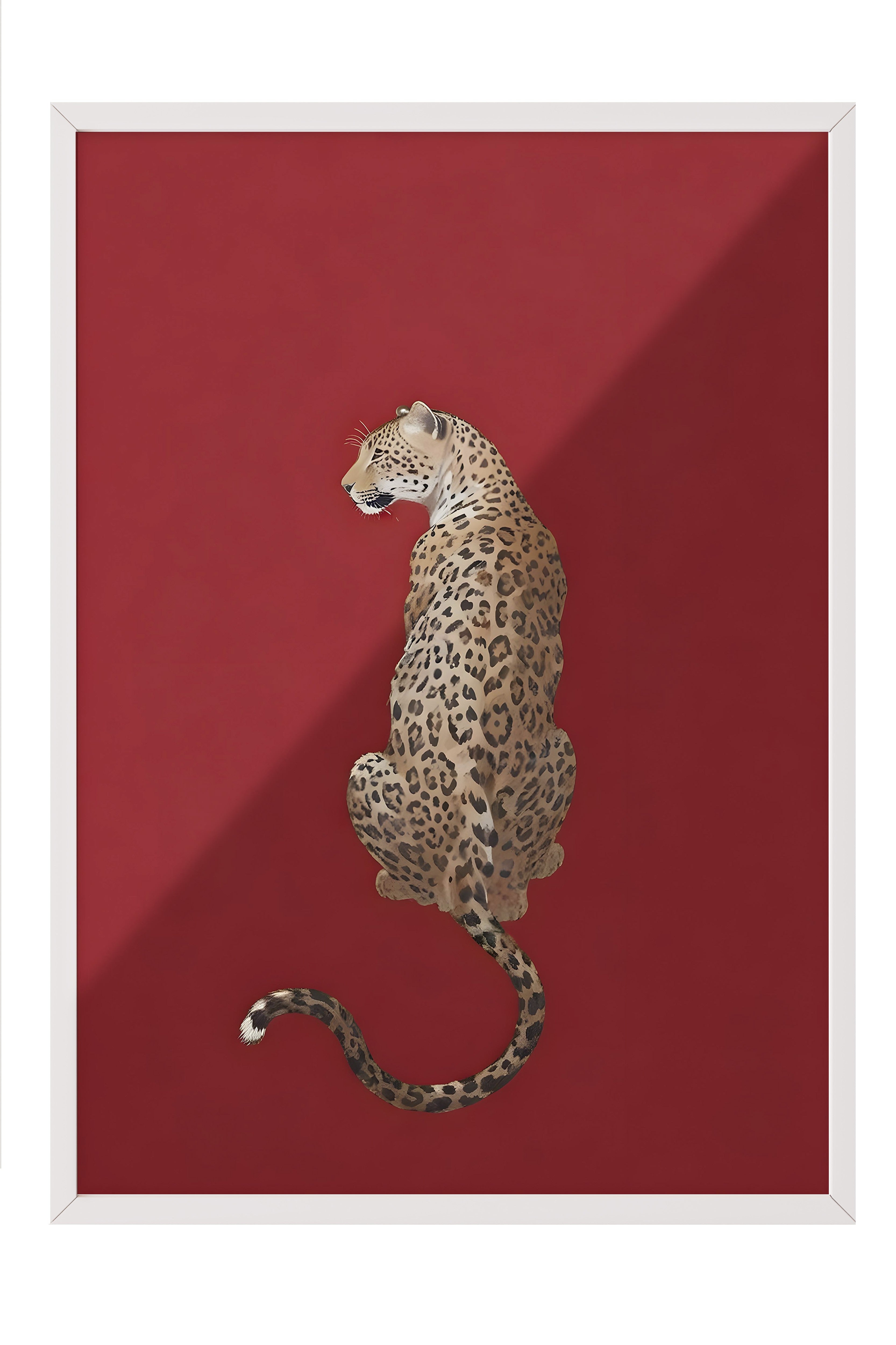 Beyaz Çerçeveli Tablo, Kırmızı Leopar, Comfort Serisi Poster ve Duvar Tablosu, NO:108954