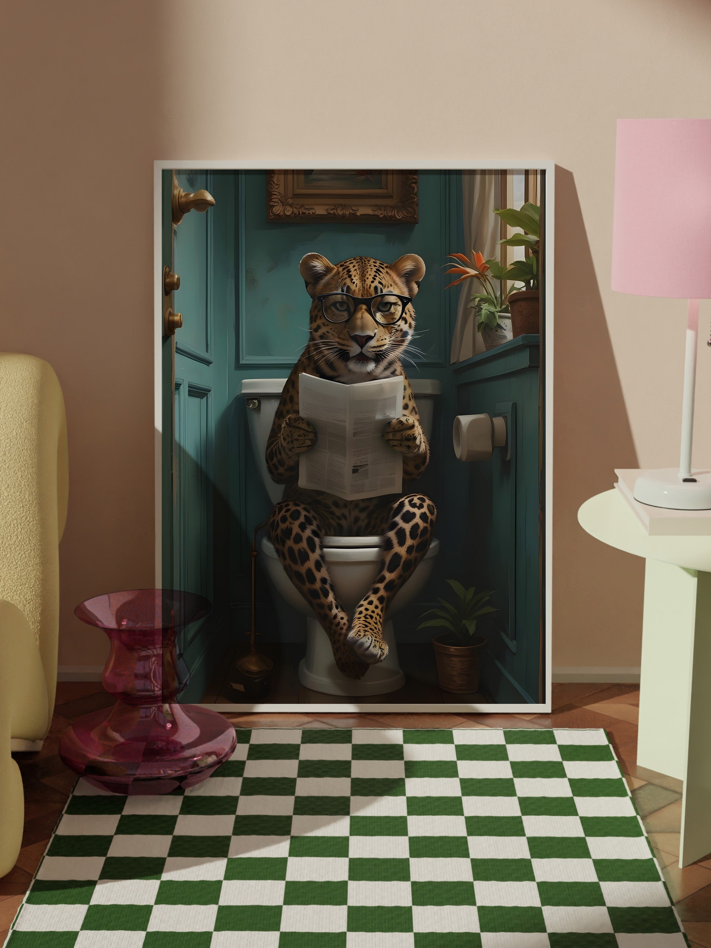 Beyaz Çerçeveli Tablo, Leopard in Toilet, Comfort Serisi Poster ve Duvar Tablosu, NO:108926