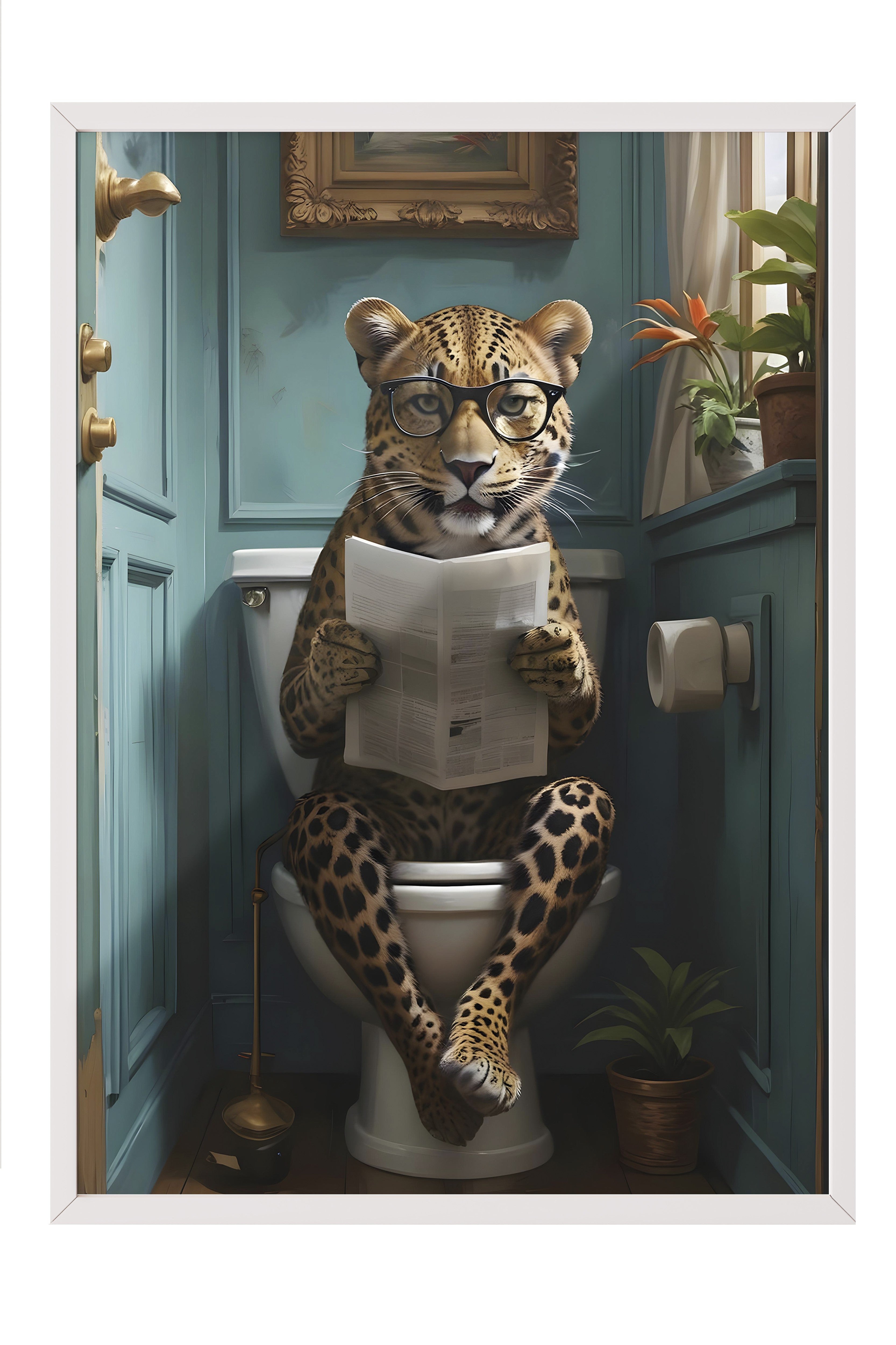 Beyaz Çerçeveli Tablo, Leopard in Toilet, Comfort Serisi Poster ve Duvar Tablosu, NO:108926