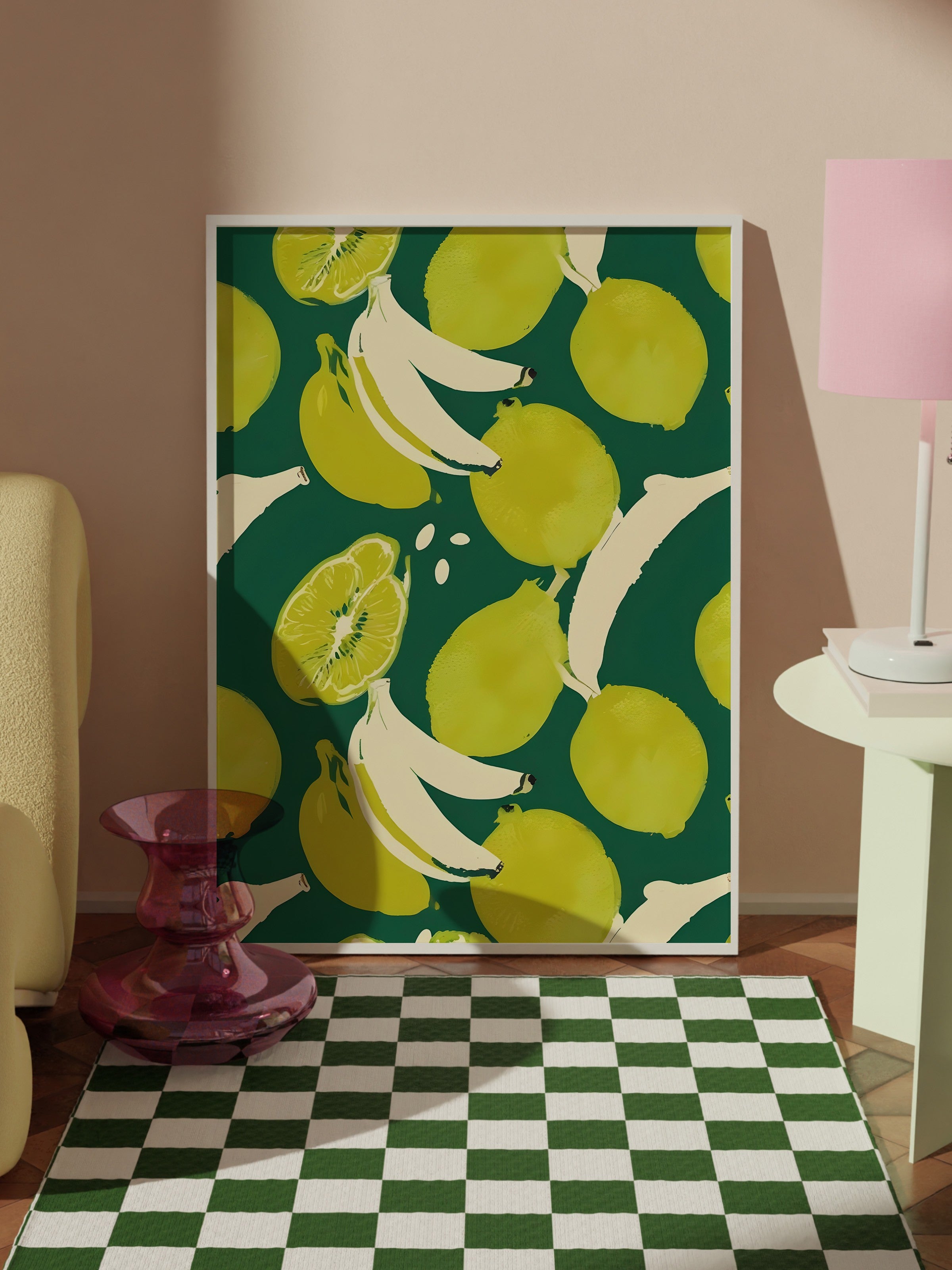 Beyaz Çerçeveli Tablo, Limes With Banana, Comfort Serisi Mutfak Duvar Tablosu, NO:109122