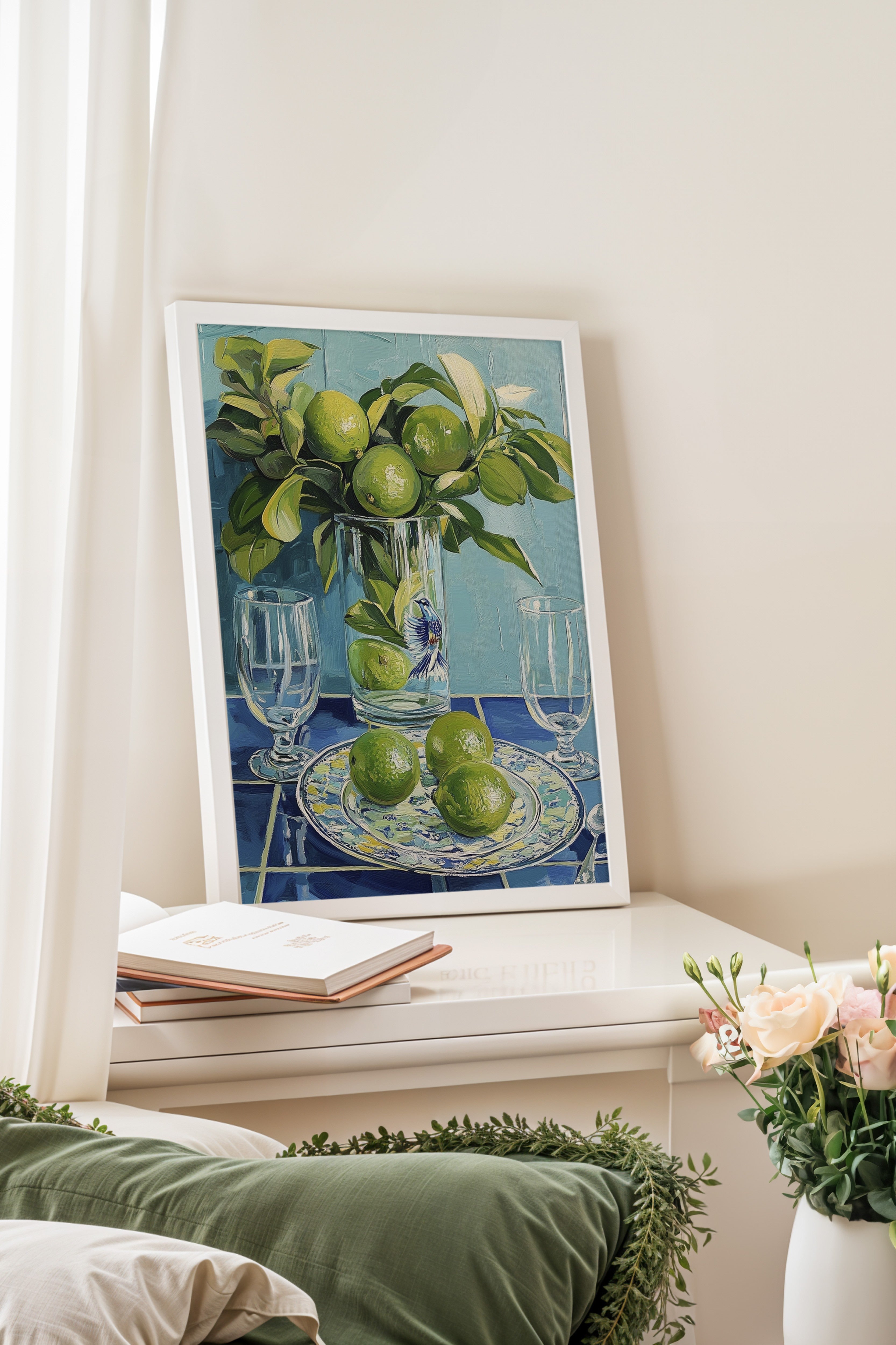 Beyaz Çerçeveli Tablo, Limon, Vazo, Tabak, Yağlıboya Tablo, Yeşil, Mavi Renk Poster, 2025 Yaz Seçkisi, NO:109798