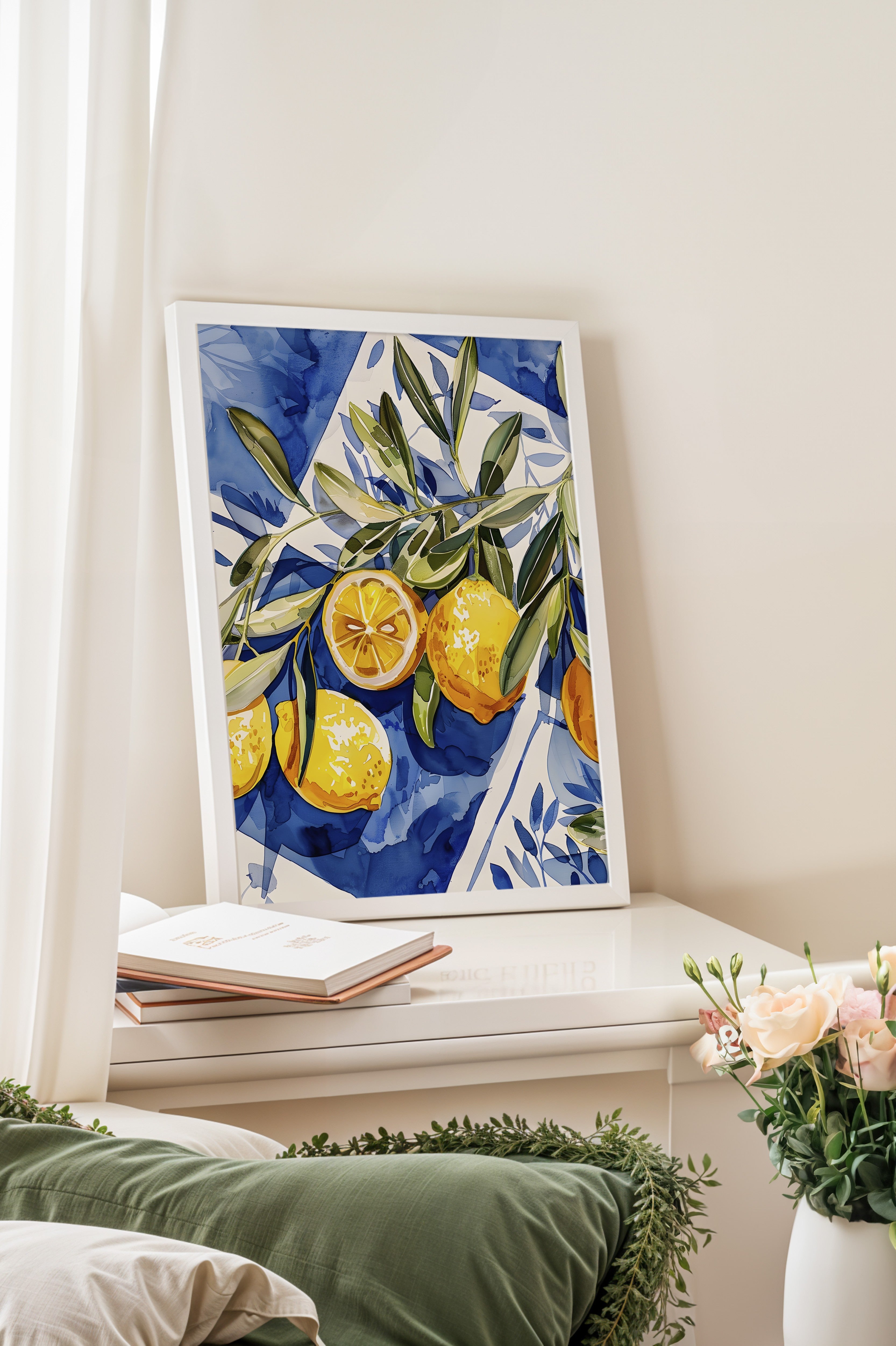 Beyaz Çerçeveli Tablo, Limonlar, Yapraklar, Arka Plan, Suluboya, İllüstrasyon, Mavi, Sarı Renk Poster, 2025 Yaz Seçkisi, NO:109818