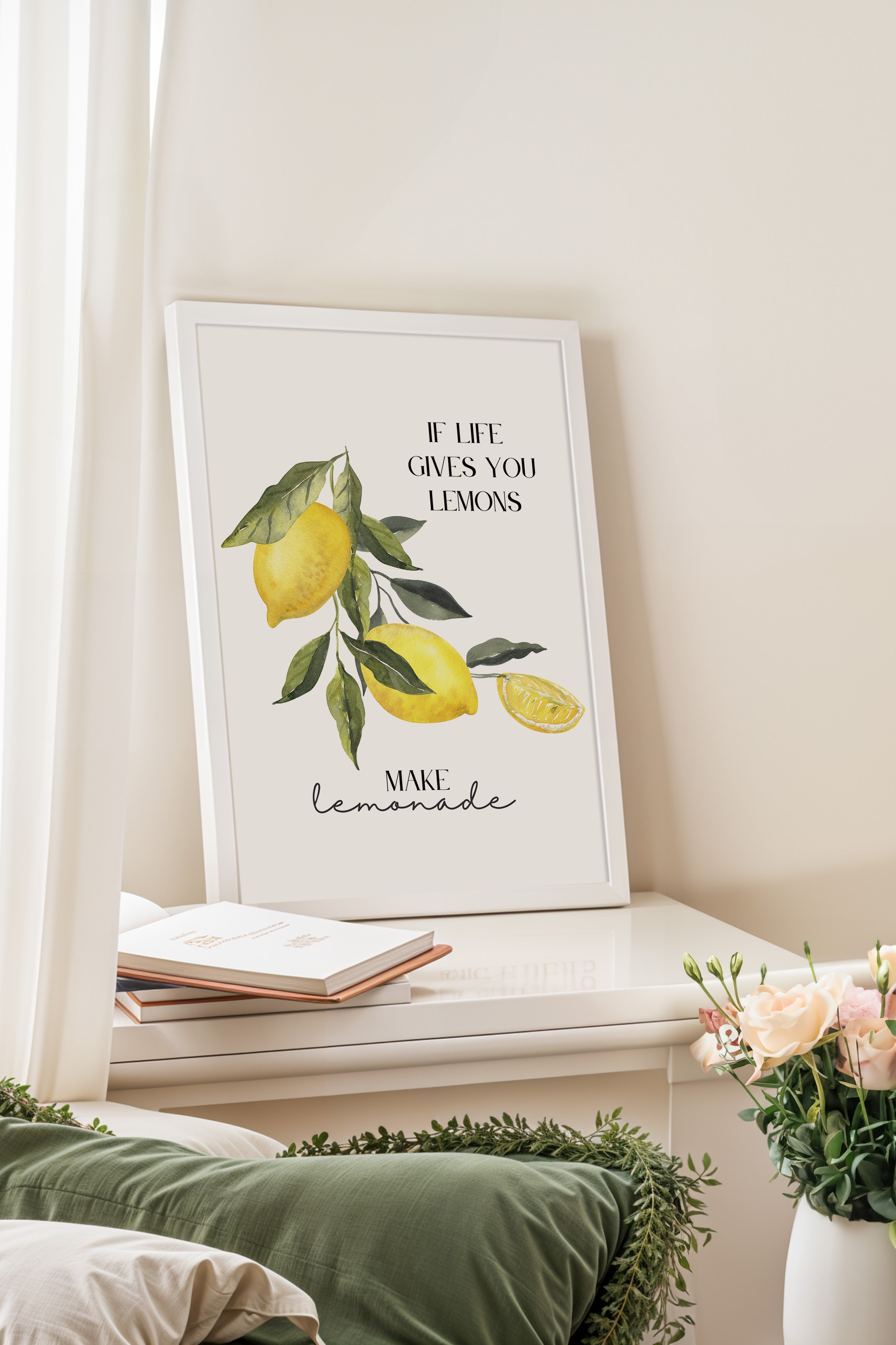 Beyaz Çerçeveli Tablo, Limonlar, Yapraklar, Metin, Suluboya, Tipografi Tabanlı, Sarı, Yeşil Renk Poster, 2025 Yaz Seçkisi, NO:109807