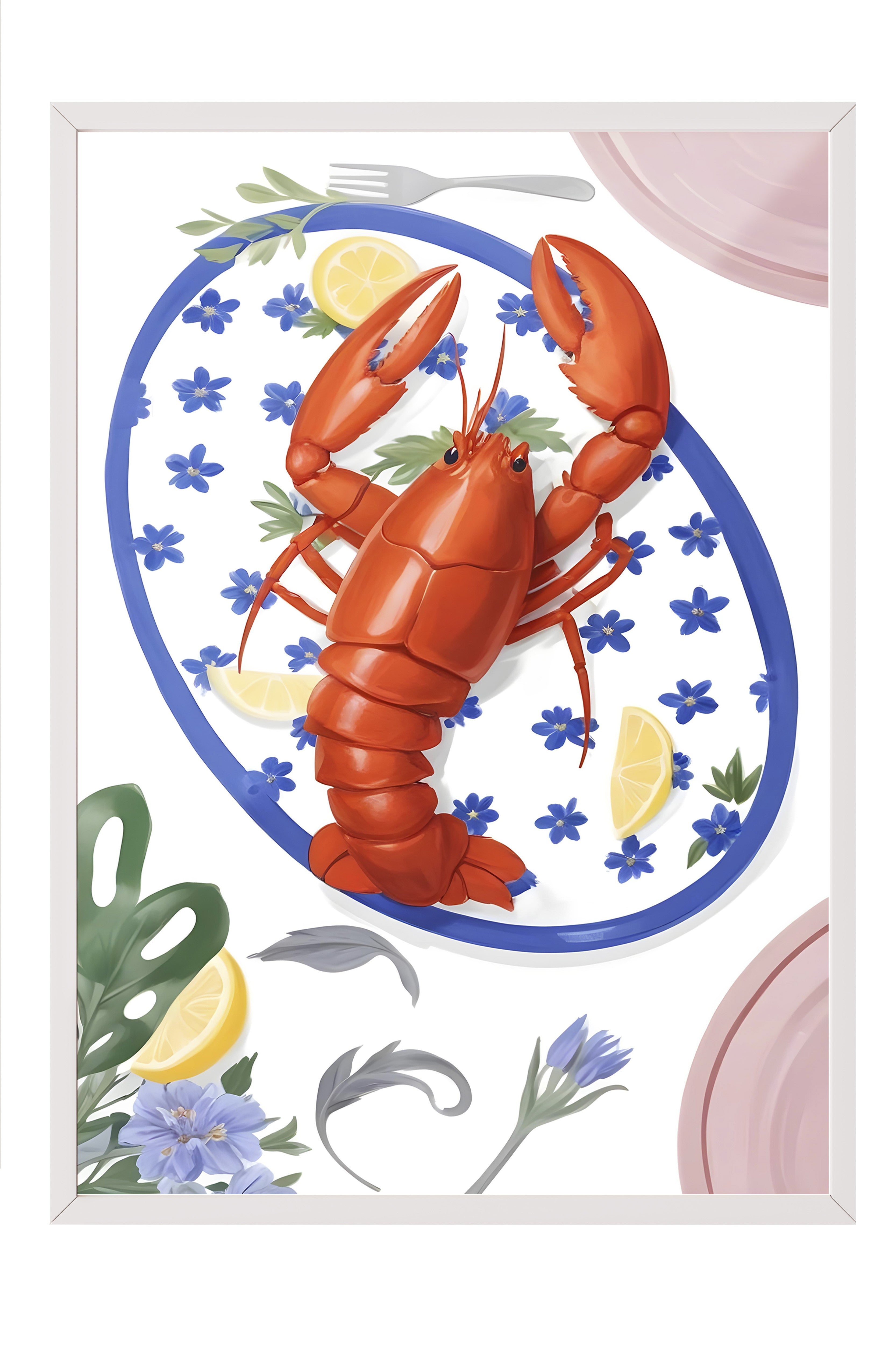 Beyaz Çerçeveli Tablo, Lobster, Comfort Serisi Mutfak Duvar Tablosu, NO:109079