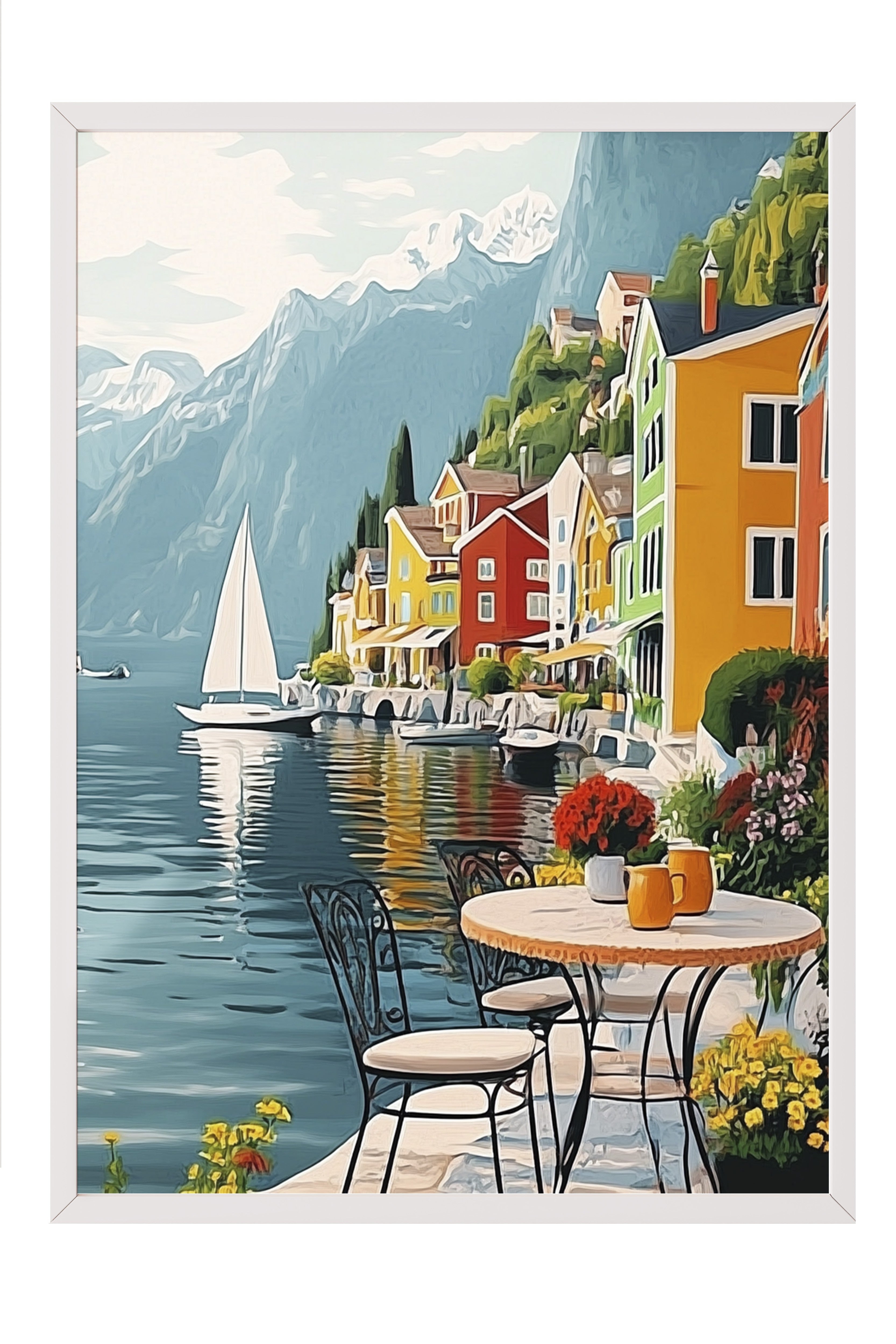 Beyaz Çerçeveli Tablo, Masa, Evler, Yelkenli, İzlenimci, Düz İllüstrasyon, Çok renkli, Mavi Renk Poster, 2025 Yaz Seçkisi, NO:109797