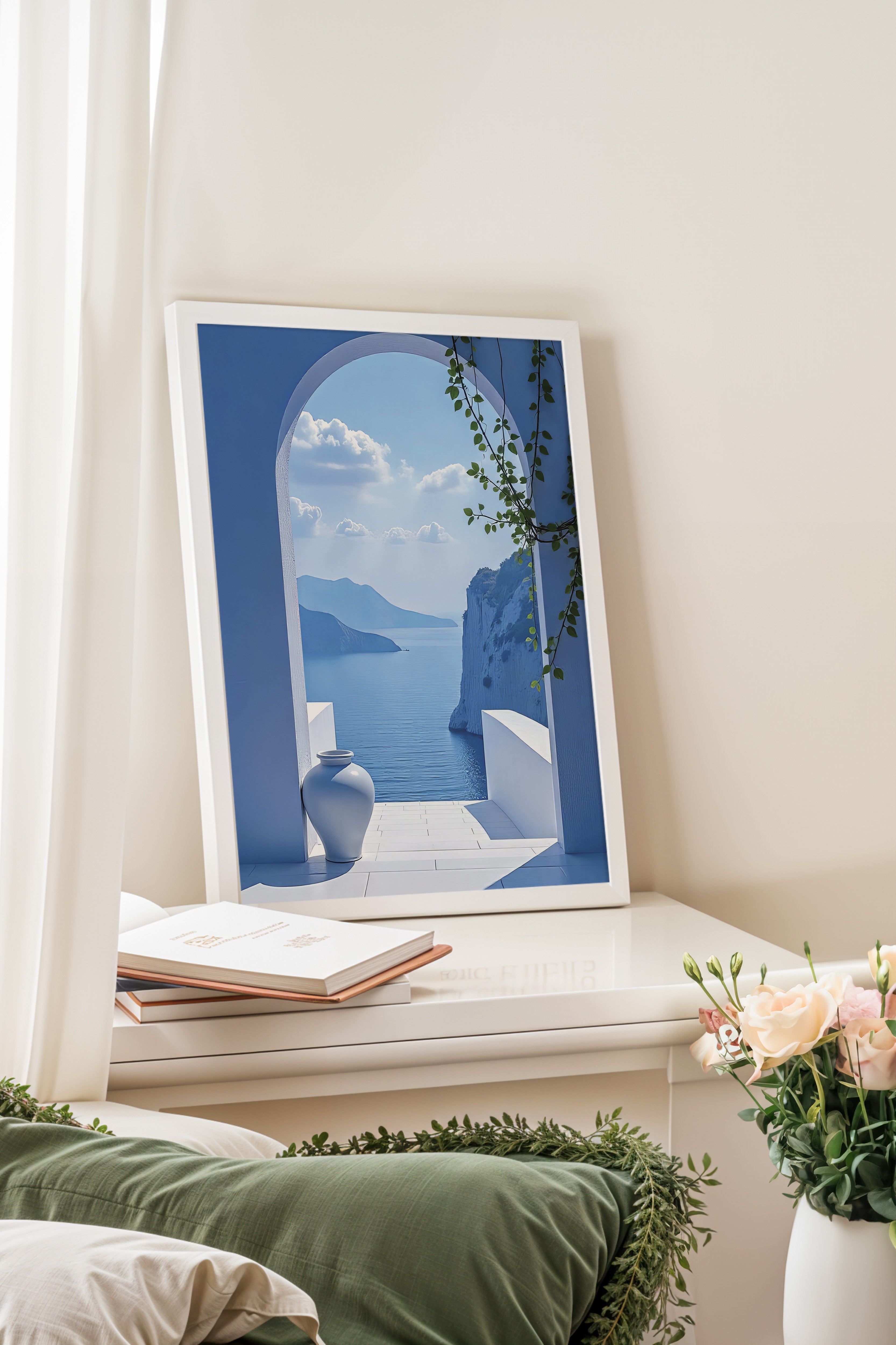 Beyaz Çerçeveli Tablo, Mavi Kapı ve Manzara, Fotoğraf, Mavi Renk Poster, 2025 Yaz Seçkisi, NO:109708