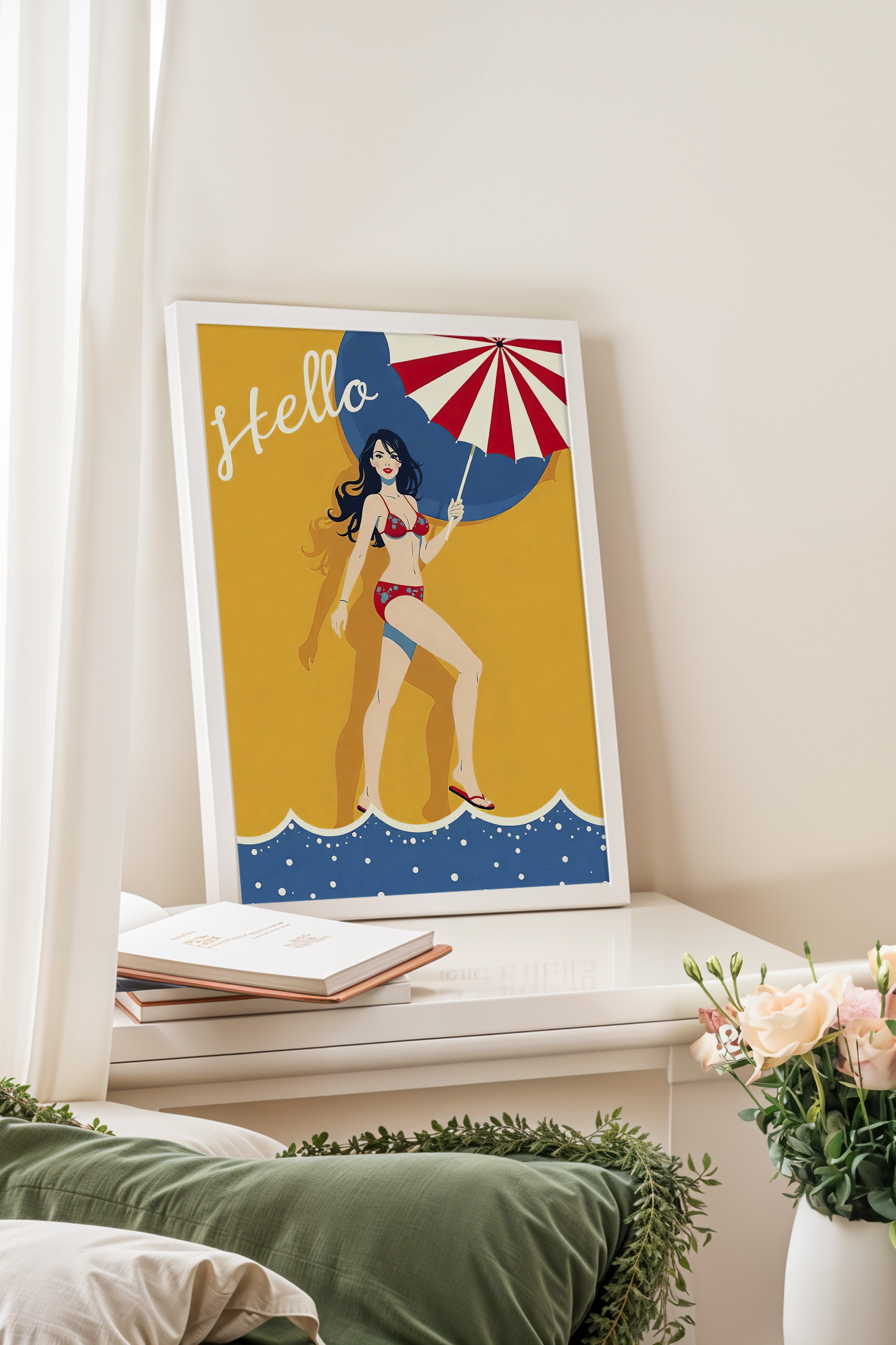 Beyaz Çerçeveli Tablo, Merhaba Yaz, İllüstrasyon, Maximalist, Sarı Renk Poster, 2025 Yaz Seçkisi, NO:109760