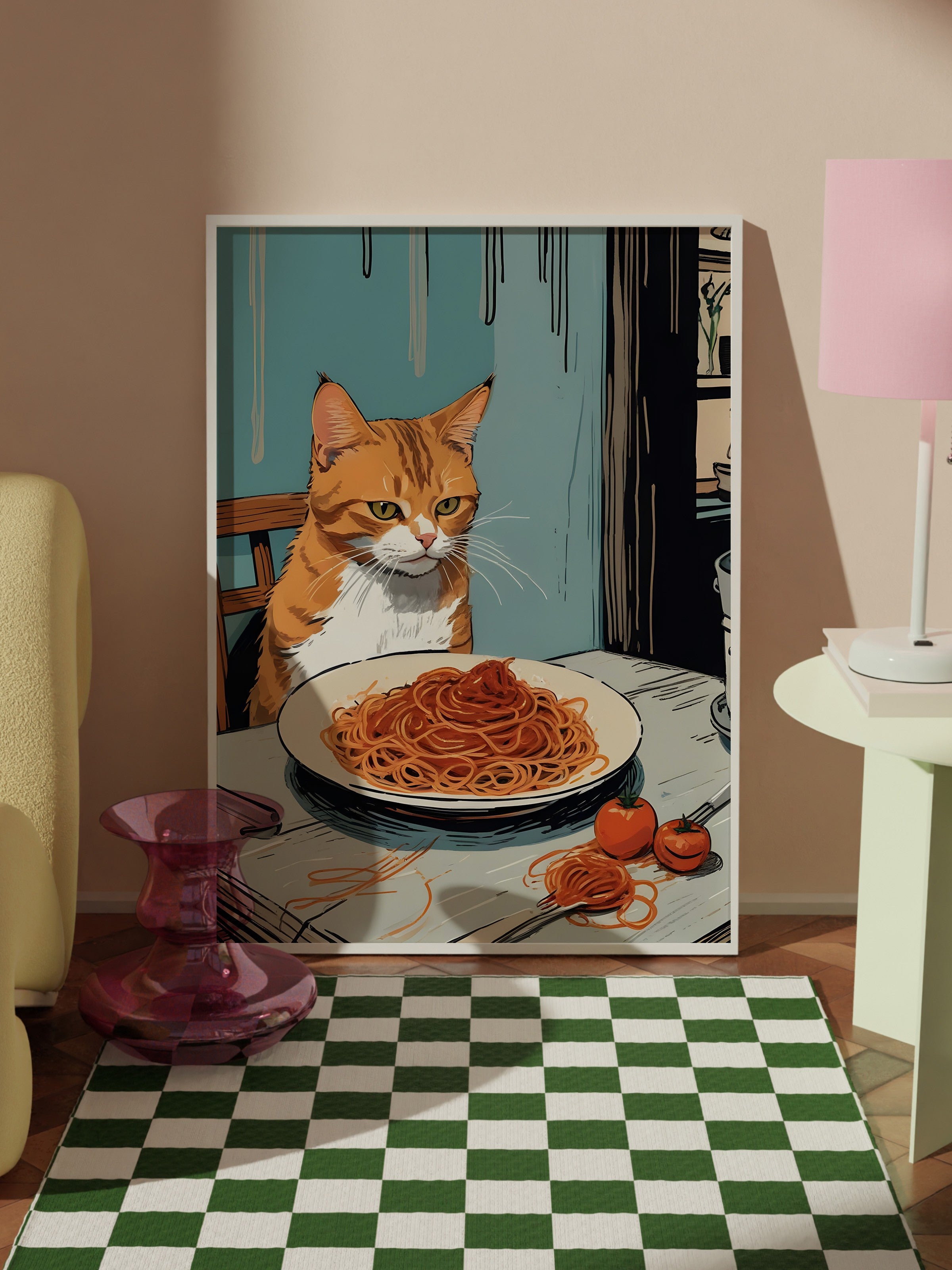 Beyaz Çerçeveli Tablo, Orange Cat With Spaghetti, Comfort Serisi Mutfak Duvar Tablosu, NO:109089