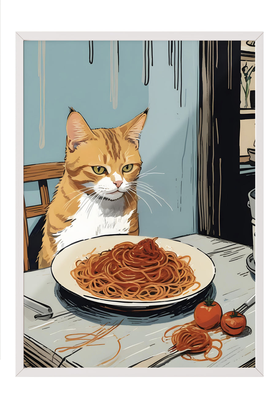Beyaz Çerçeveli Tablo, Orange Cat With Spaghetti, Comfort Serisi Mutfak Duvar Tablosu, NO:109089