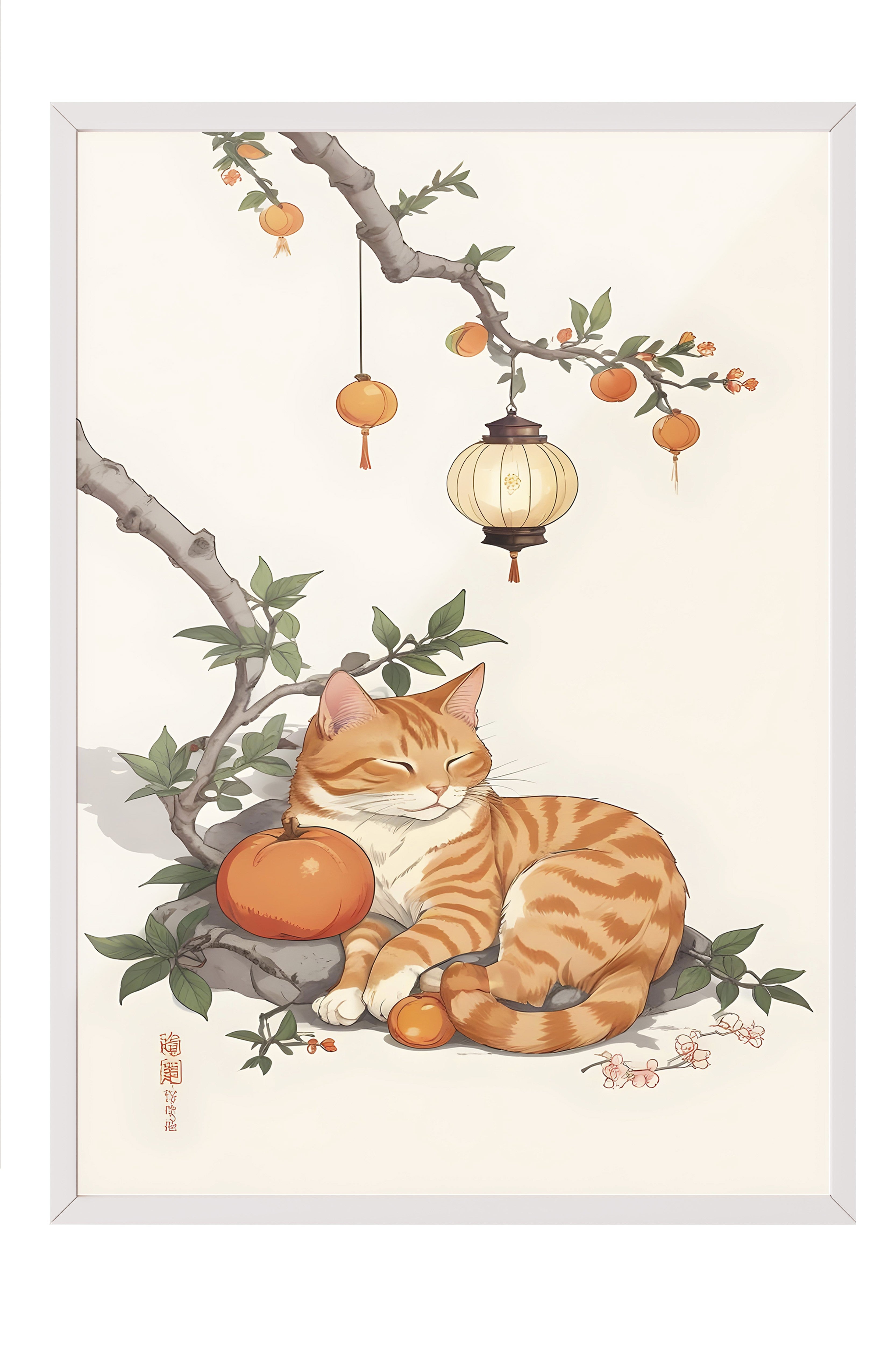 Beyaz Çerçeveli Tablo, Orange Tabby, Comfort Serisi Mutfak Duvar Tablosu, NO:109137