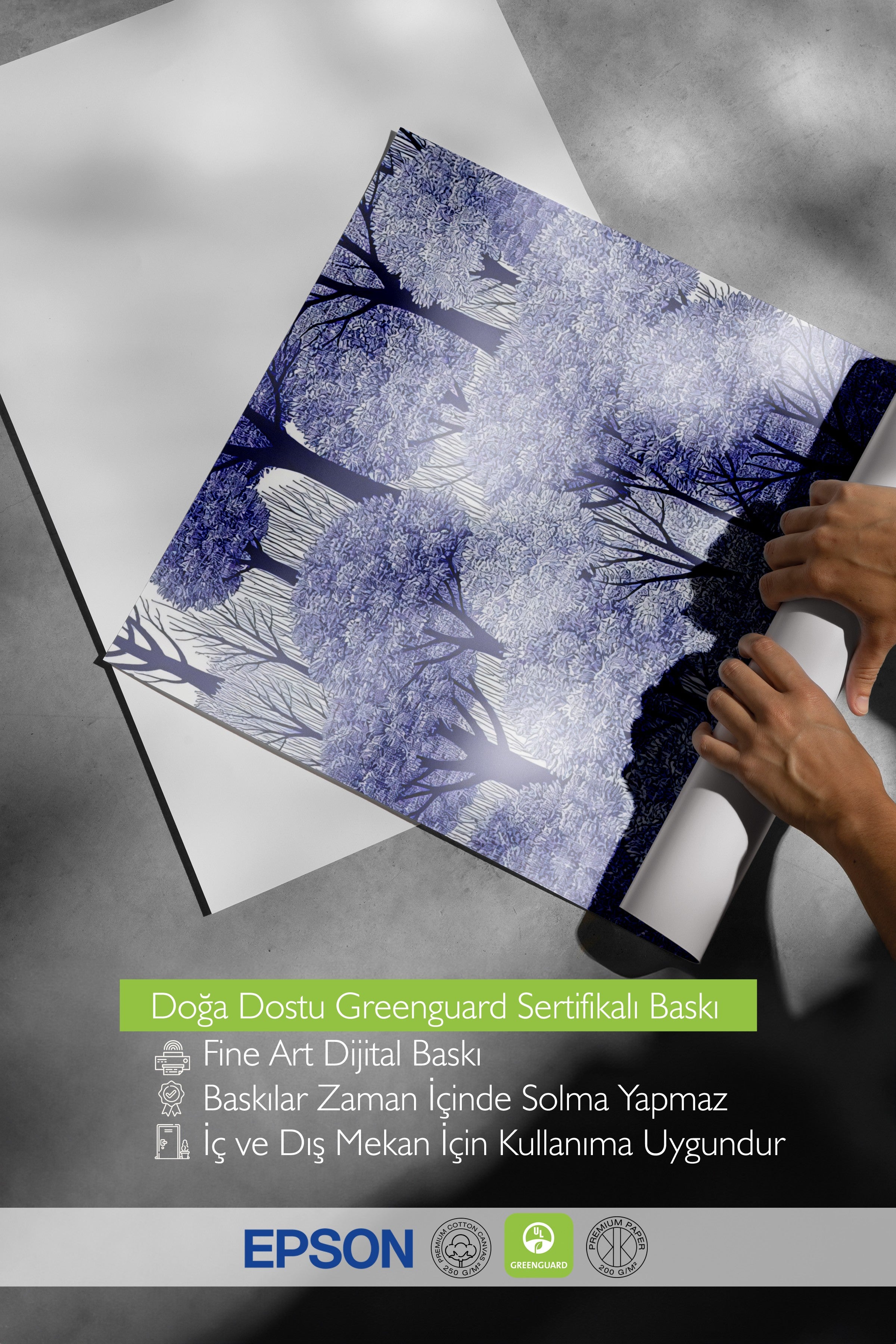 Beyaz Çerçeveli Tablo, Ormandaki Ev, İllüstrasyon, Mavi Renk Poster, 2025 Yaz Seçkisi, NO:109717