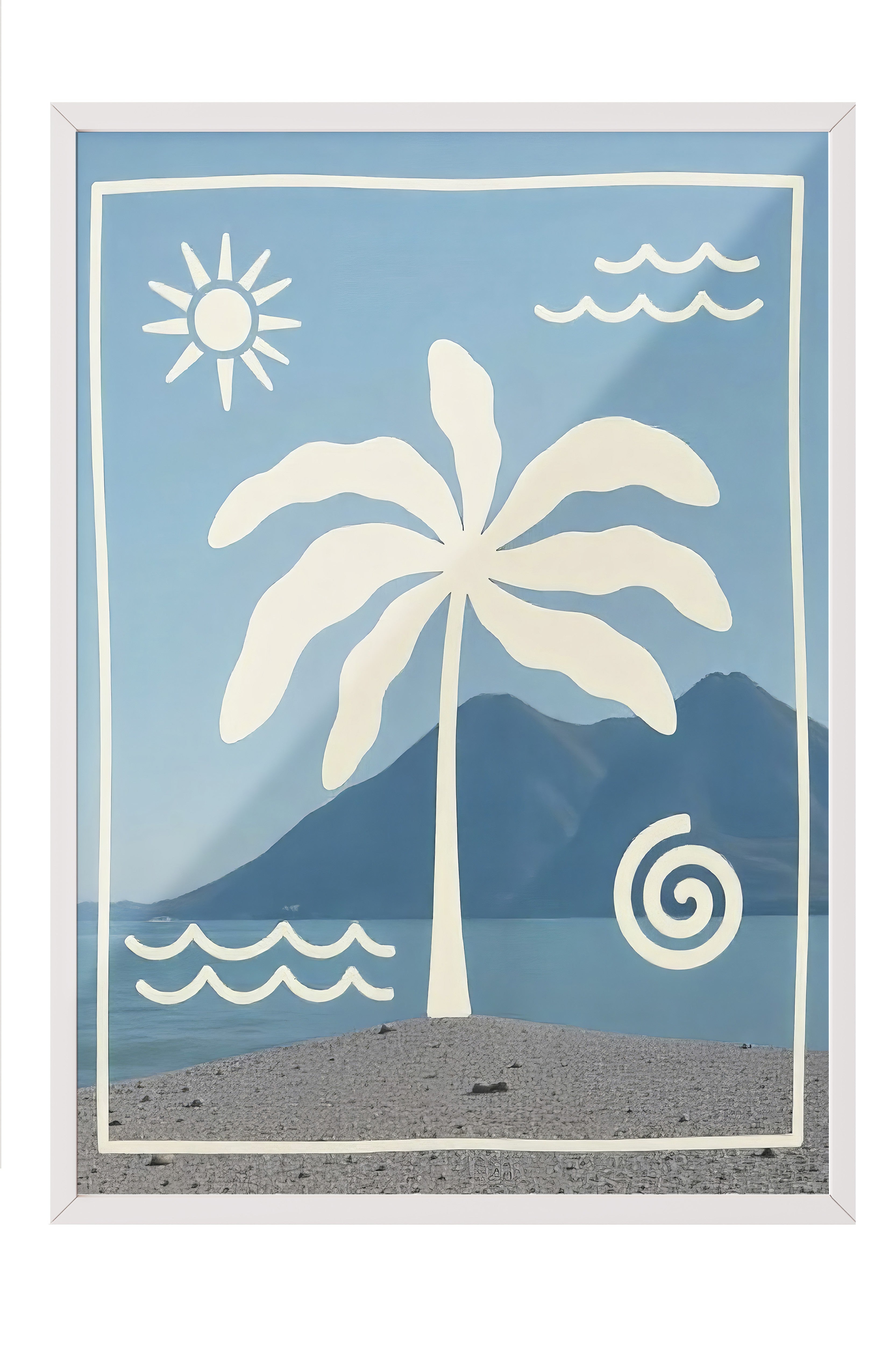 Beyaz Çerçeveli Tablo, Palmiye Ağaçları, İllüstrasyon, Maximalist, Mavi Renk Poster, 2025 Yaz Seçkisi, NO:109776