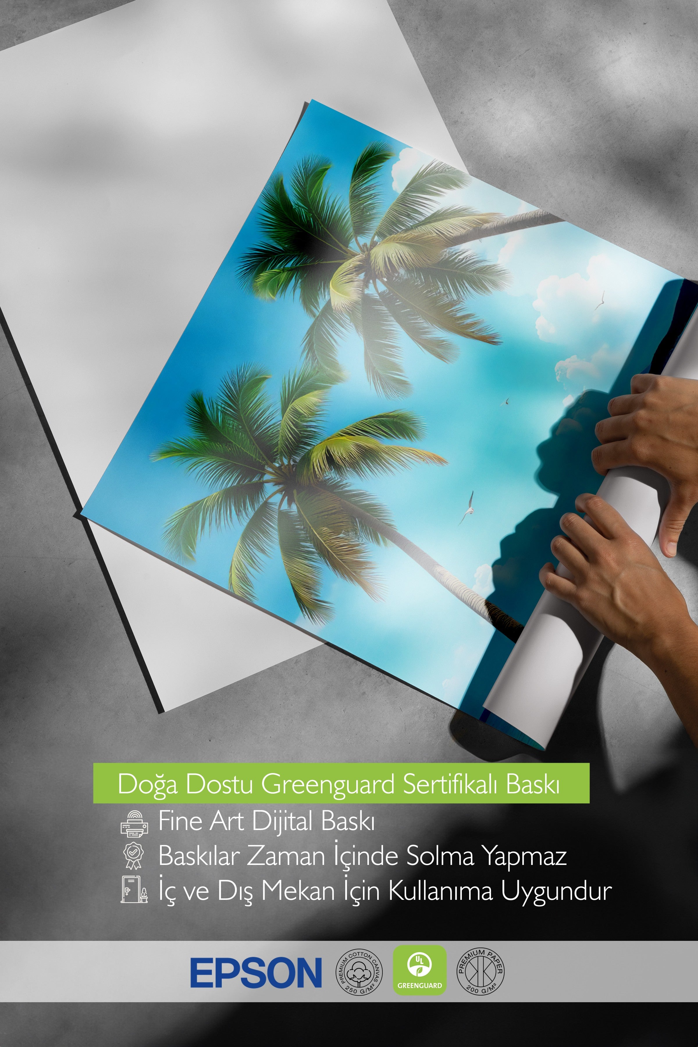 Beyaz Çerçeveli Tablo, Palmiye Ağaçları, İllüstrasyon, Maximalist, Mavi Renk Poster, 2025 Yaz Seçkisi, NO:109778