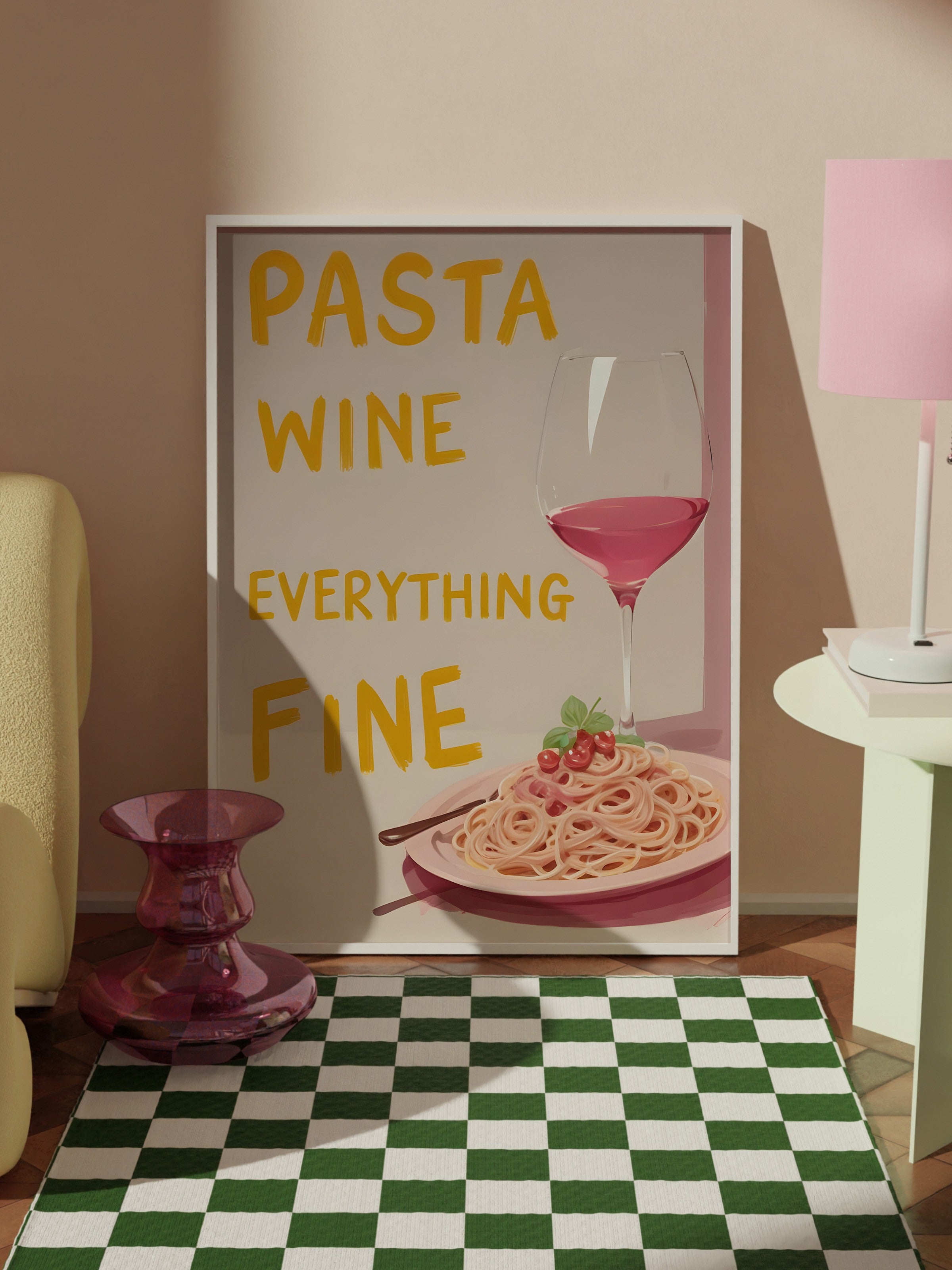 Beyaz Çerçeveli Tablo, Pasta Wine Everything Fine, Comfort Serisi Mutfak Duvar Tablosu, NO:109133