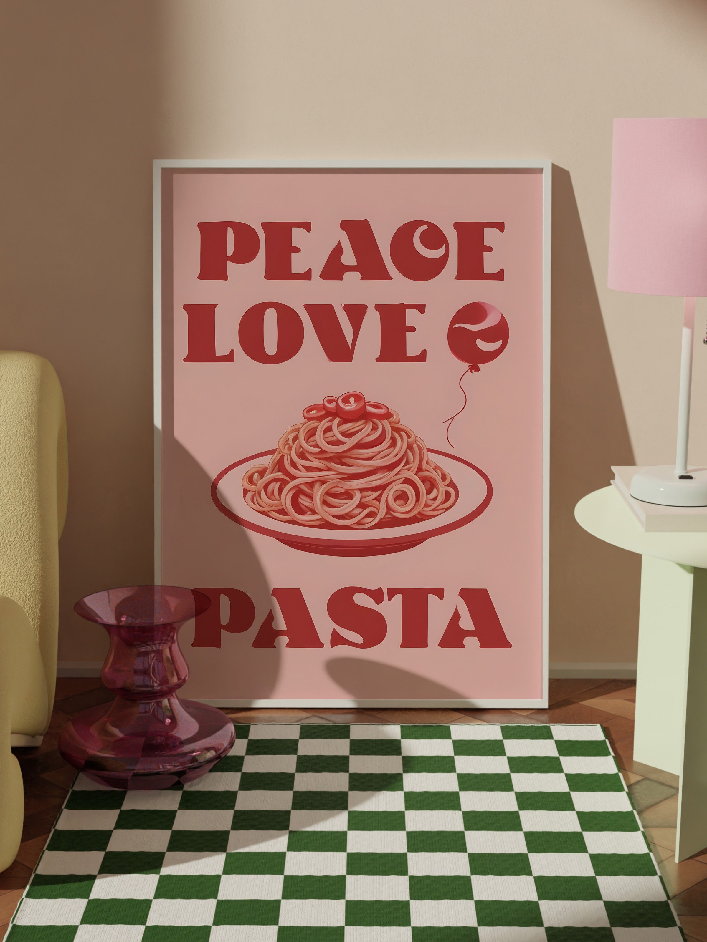 Beyaz Çerçeveli Tablo, Peace Love Pasta, Comfort Serisi Mutfak Duvar Tablosu, NO:109093