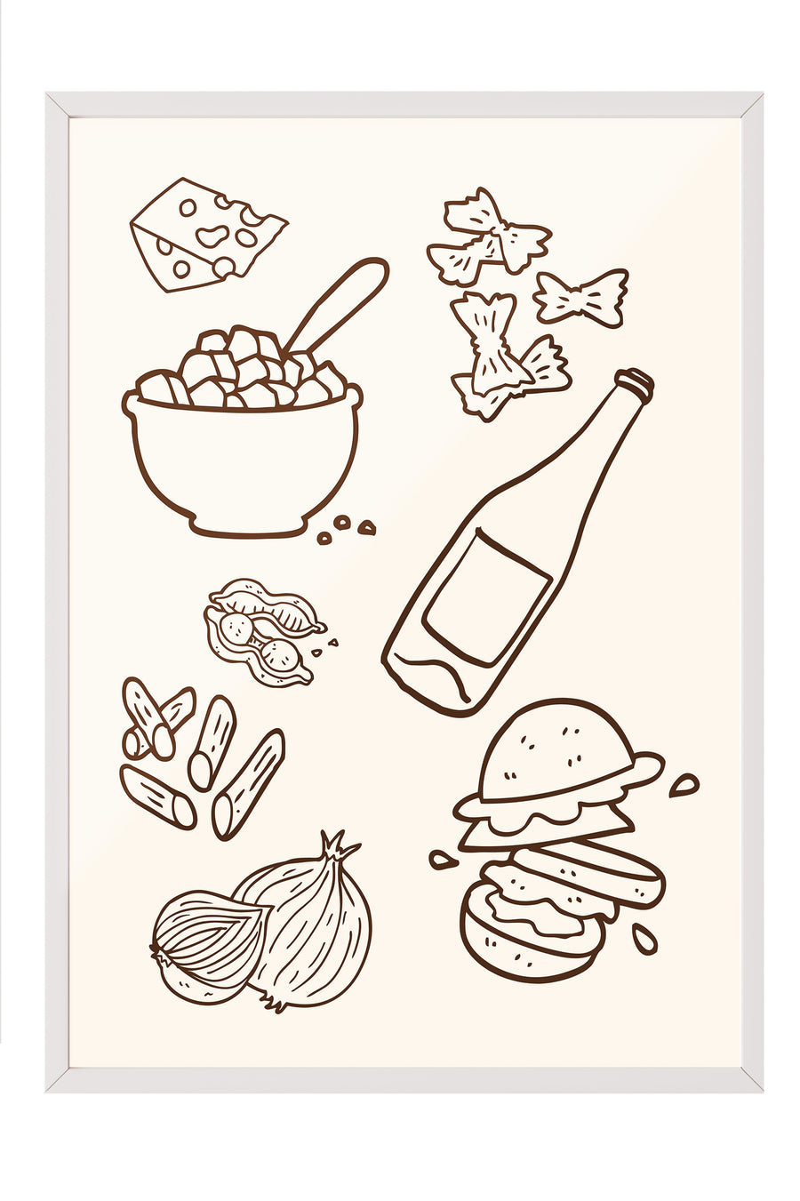 Beyaz Çerçeveli Tablo, Peynir, Şişe, Burger, illüstrasyon, Minimalist, Kahverengi, Bej Renk Poster, 2025 Yaz Seçkisi, NO:109806