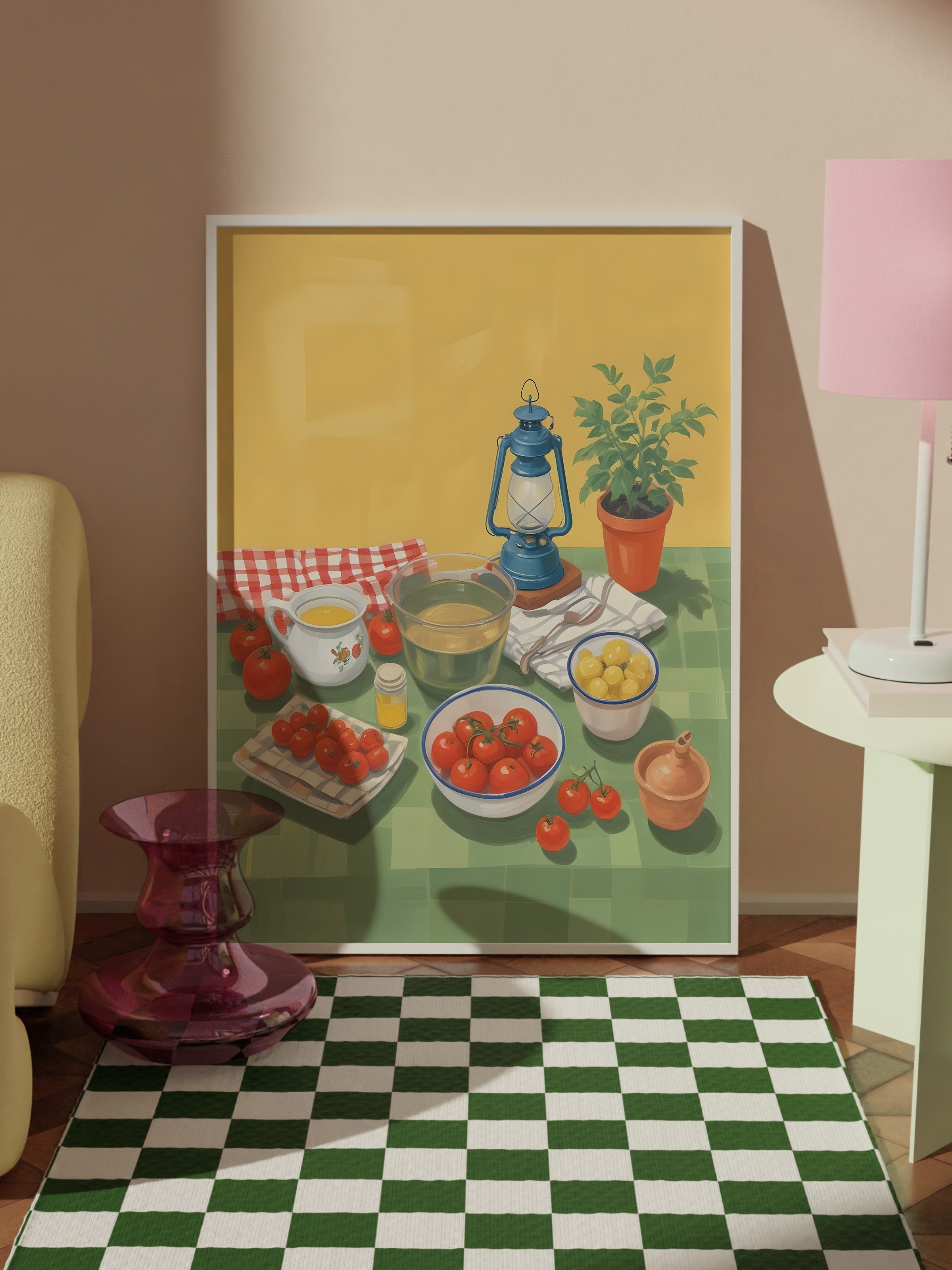 Beyaz Çerçeveli Tablo, Picnic, Comfort Serisi Mutfak Duvar Tablosu, NO:109139