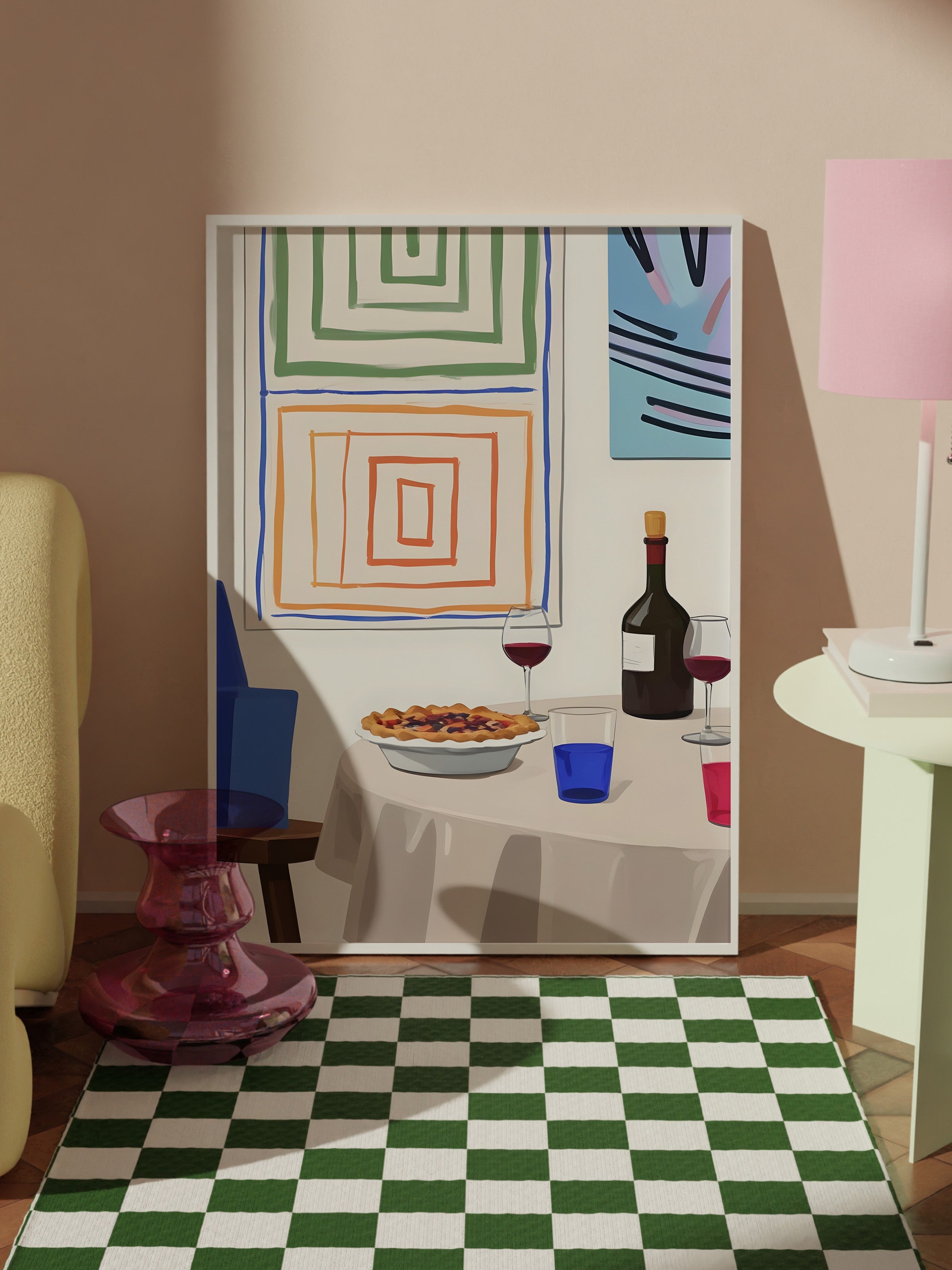 Beyaz Çerçeveli Tablo, Pie With Wine, Comfort Serisi Mutfak Duvar Tablosu, NO:109138