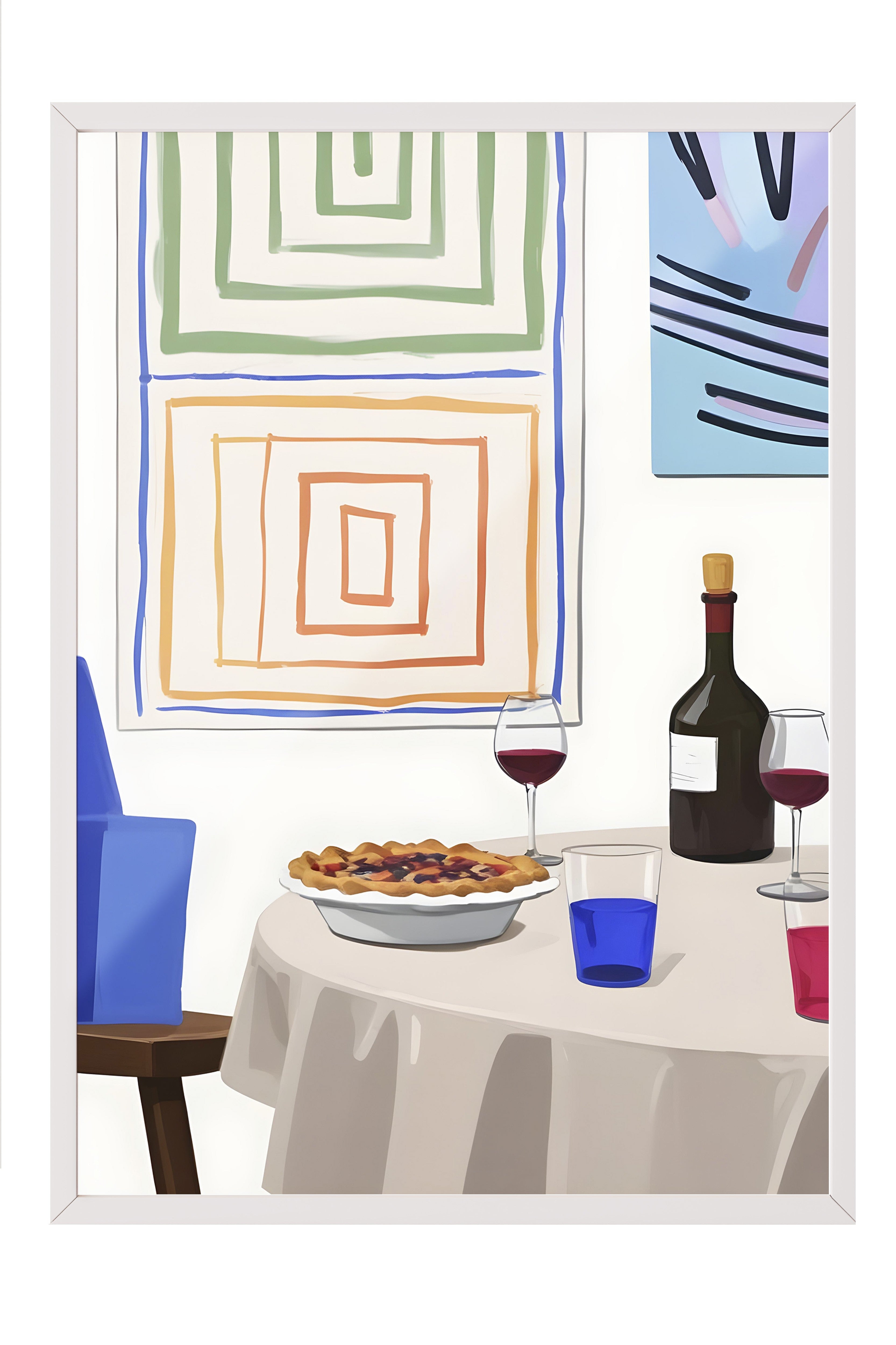 Beyaz Çerçeveli Tablo, Pie With Wine, Comfort Serisi Mutfak Duvar Tablosu, NO:109138