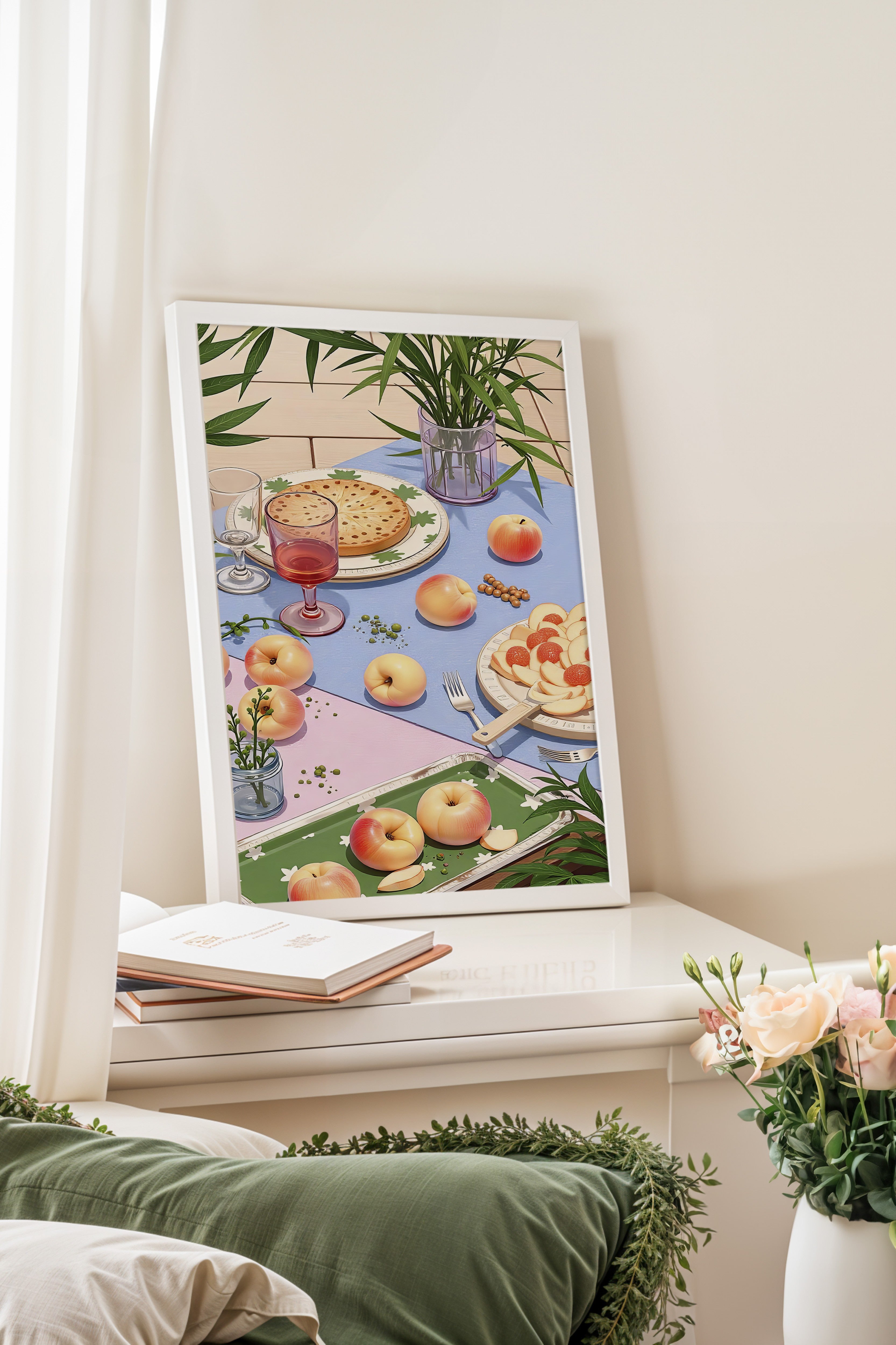 Beyaz Çerçeveli Tablo, Piknik, İllüstrasyon, Maximalist, sarı Renk Poster, 2025 Yaz Seçkisi, NO:109781