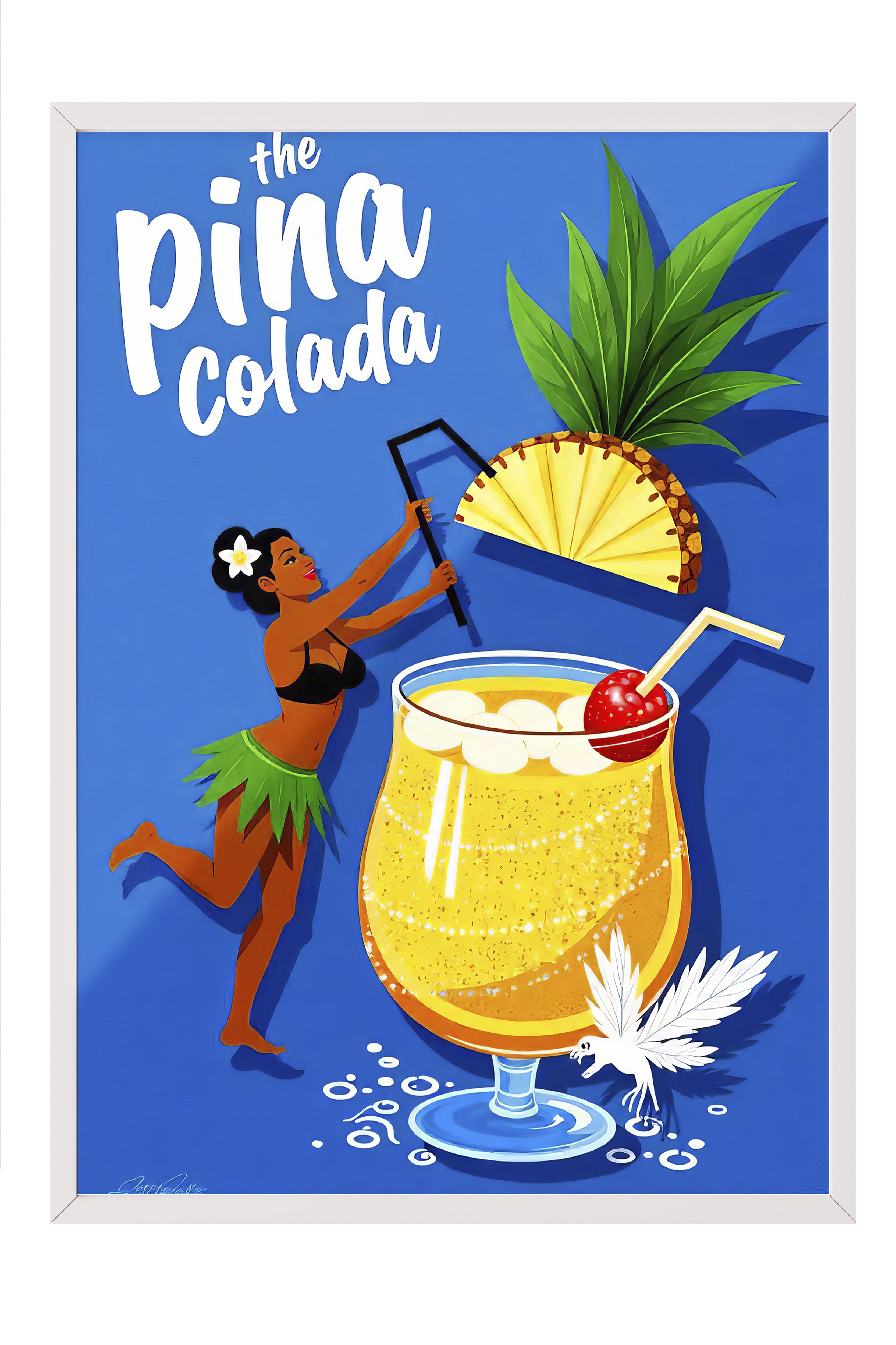Beyaz Çerçeveli Tablo, Pina Colada, İllüstrasyon, Maximalist, Lacivert Renk Poster, 2025 Yaz Seçkisi, NO:109777