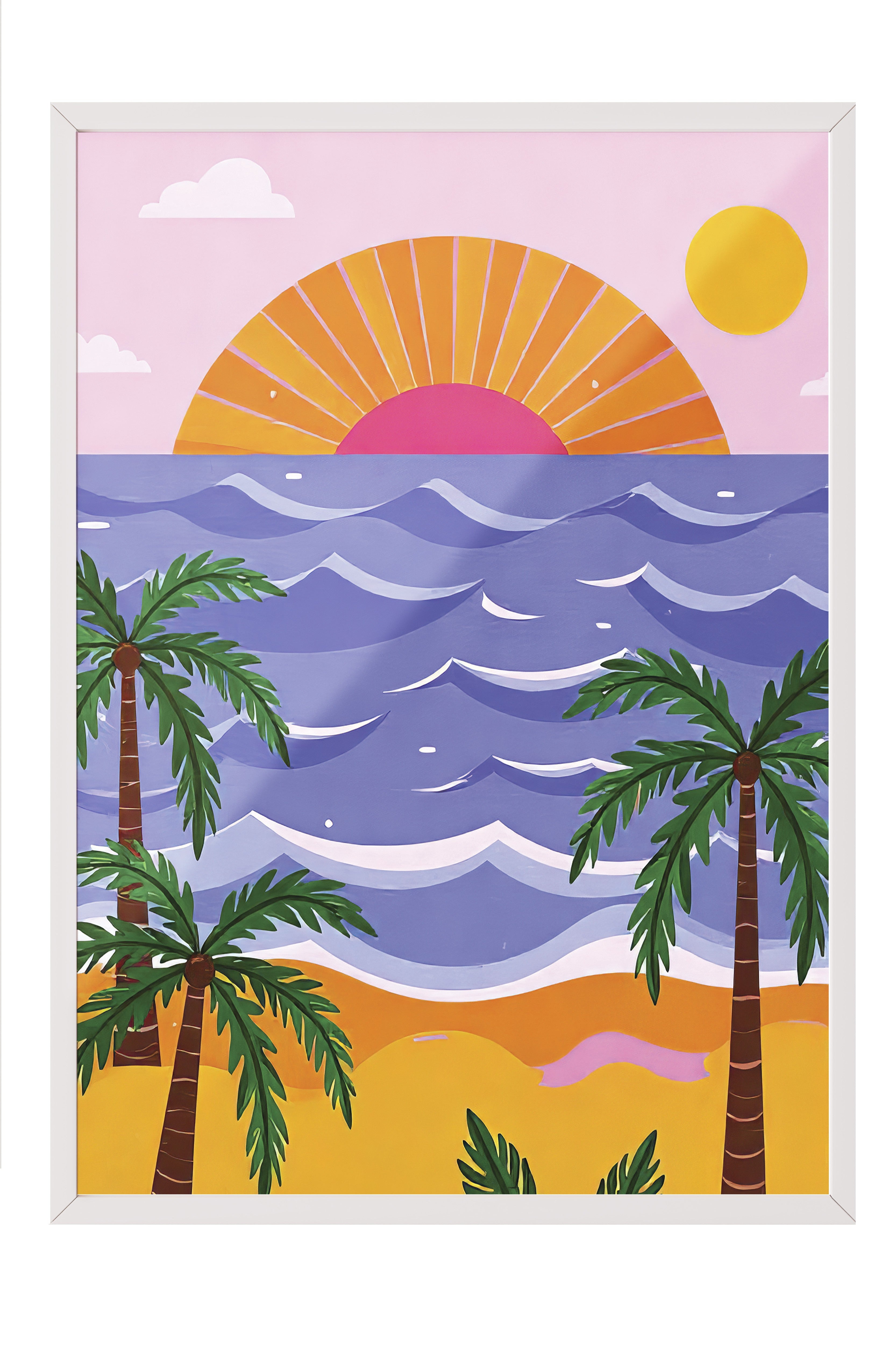 Beyaz Çerçeveli Tablo, Plaj Manzarası, İllüstrasyon, Maximalist, Pembe Renk Poster, 2025 Yaz Seçkisi, NO:109788