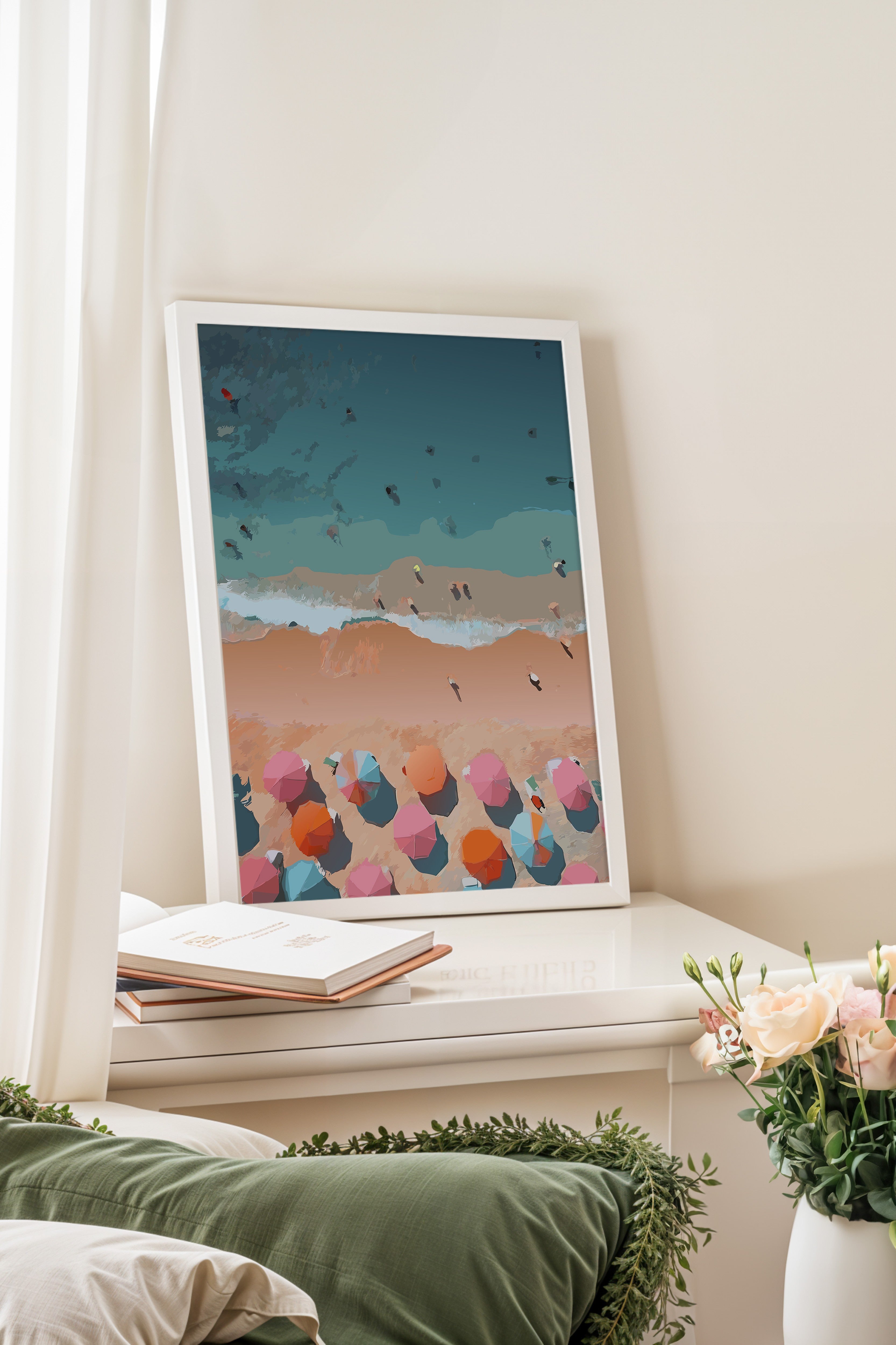 Beyaz Çerçeveli Tablo, Plaj, Şemsiyeler, Okyanus, illüstrasyon, Contemporary, Çok renkli, Mavi Renk Poster, 2025 Yaz Seçkisi, NO:109865