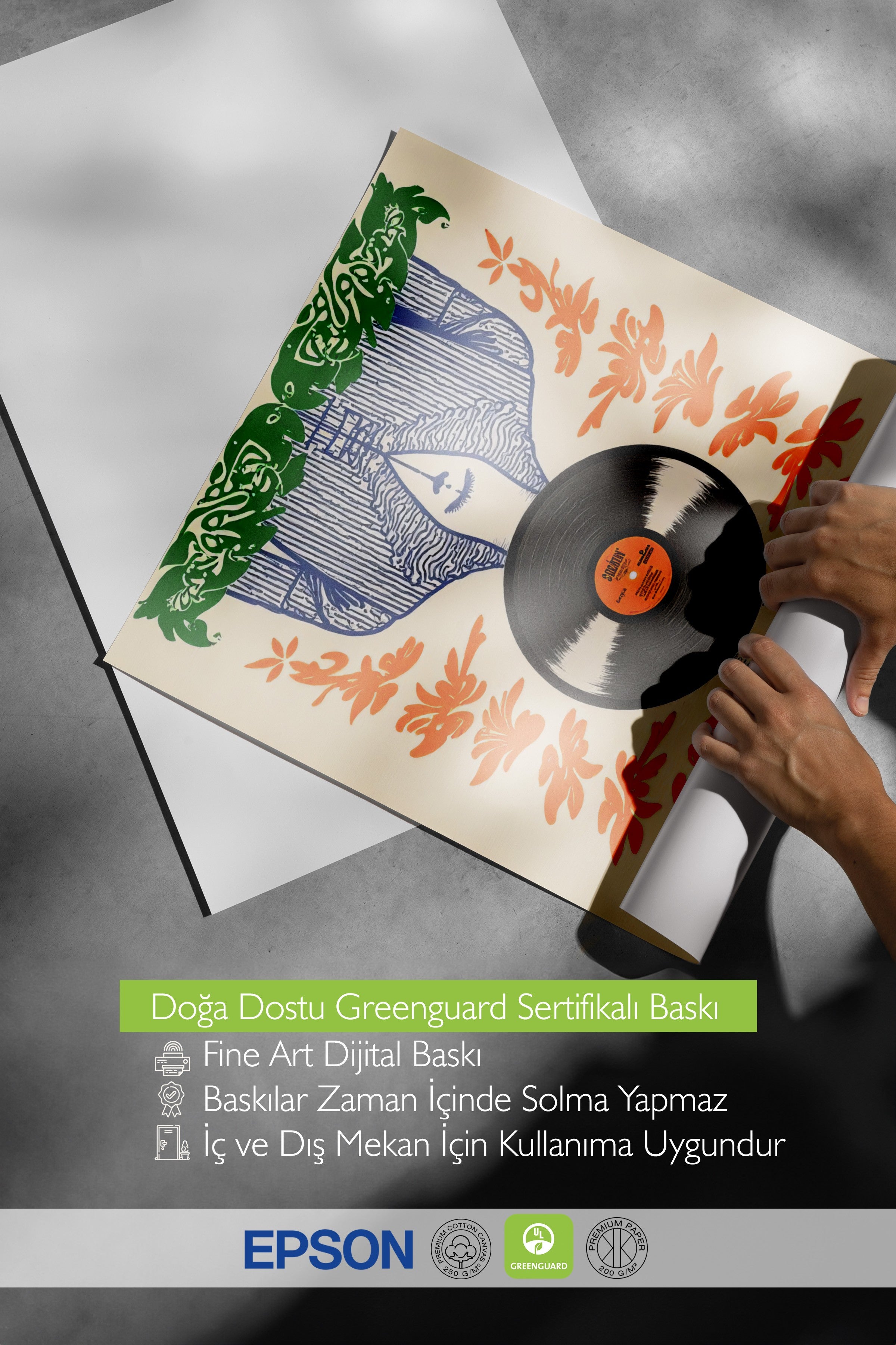 Beyaz Çerçeveli Tablo, Plak Kadını, İllüstrasyon, Maximalist, Turuncu Renk Poster, 2025 Yaz Seçkisi, NO:109785
