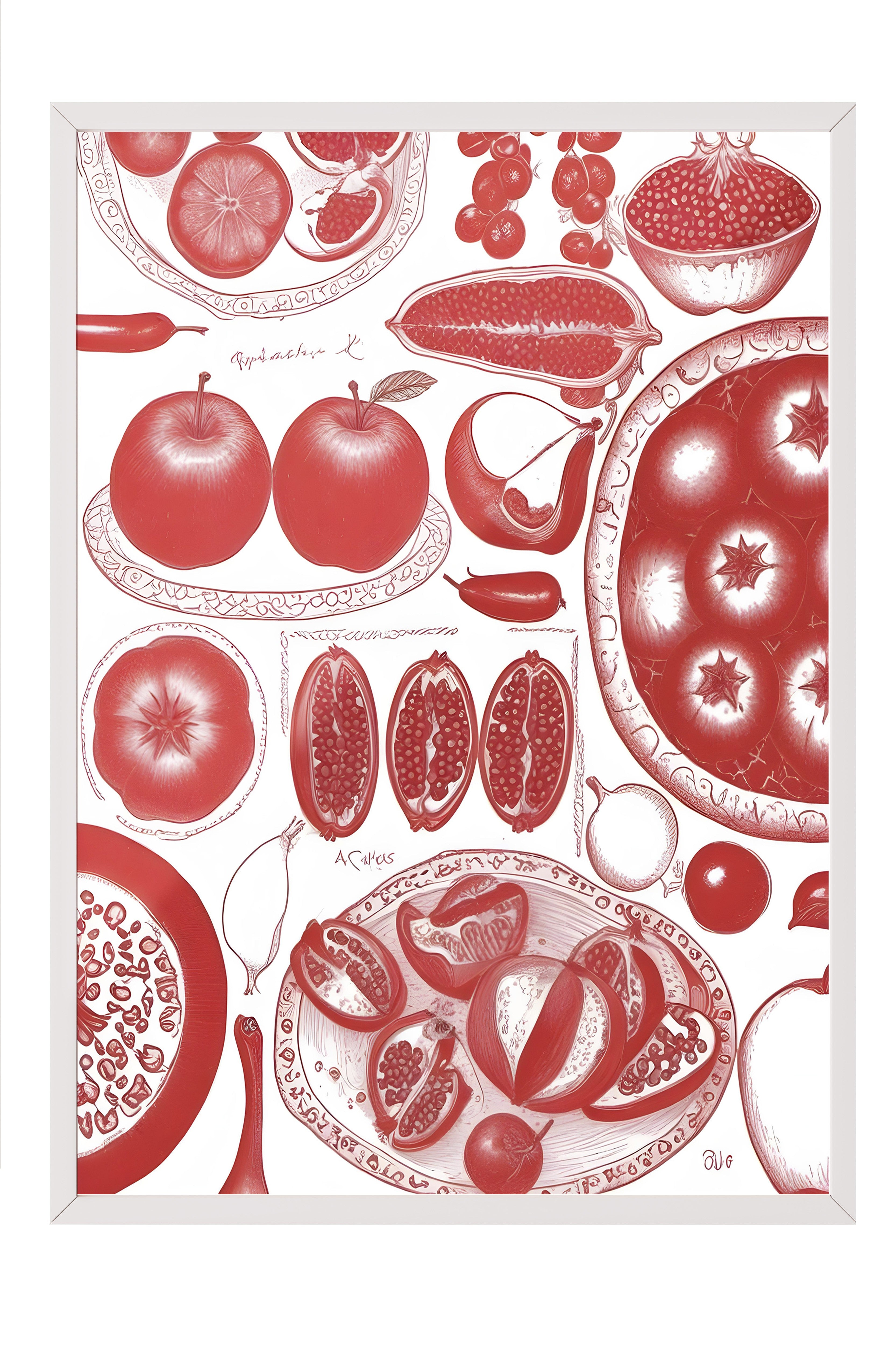Beyaz Çerçeveli Tablo, Pomegranate, Comfort Serisi Mutfak Duvar Tablosu, NO:109159