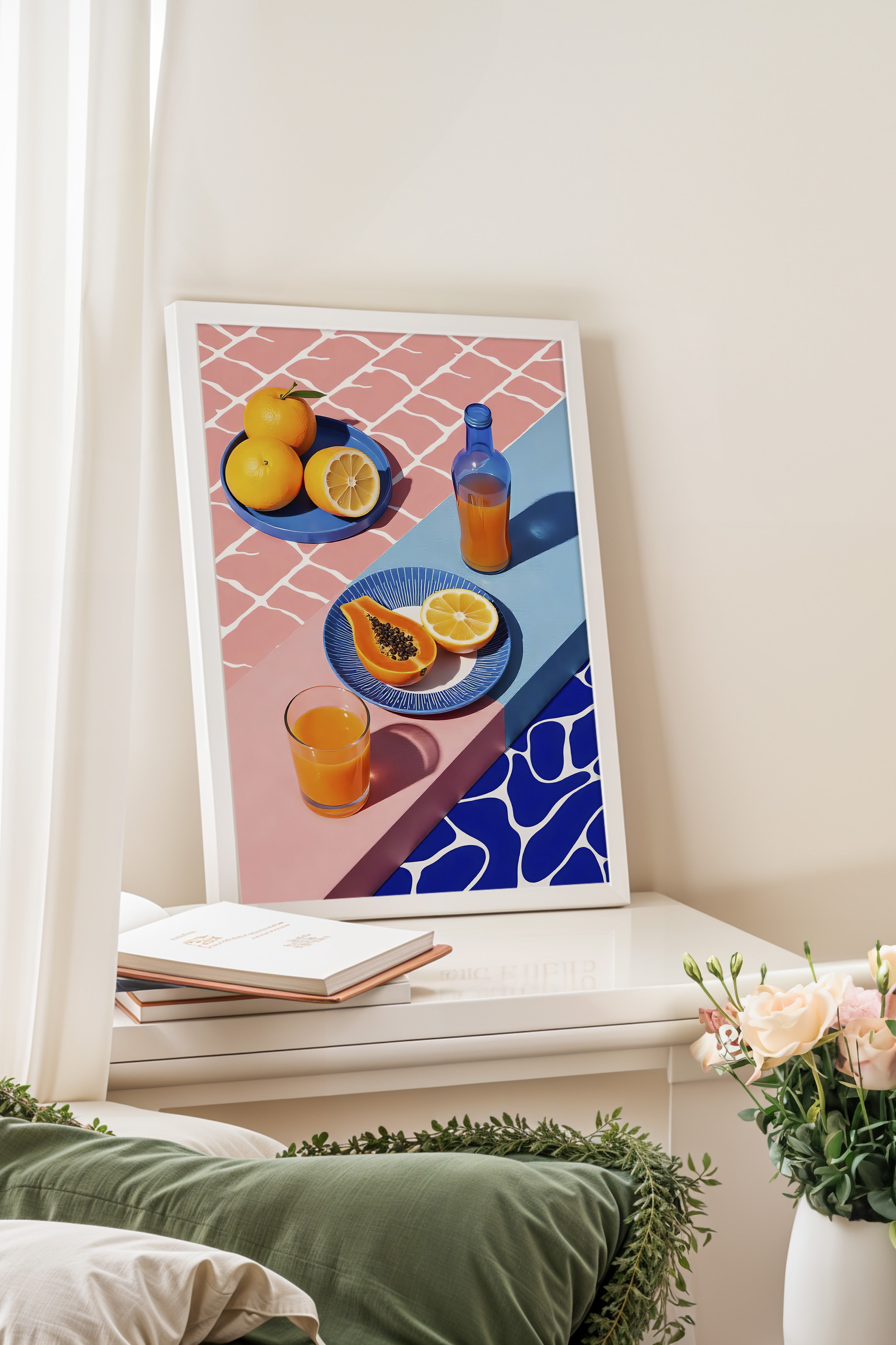 Beyaz Çerçeveli Tablo, Portakallar ve Limonlar, İllüstrasyon, Maximalist, Pembe Renk Poster, 2025 Yaz Seçkisi, NO:109787
