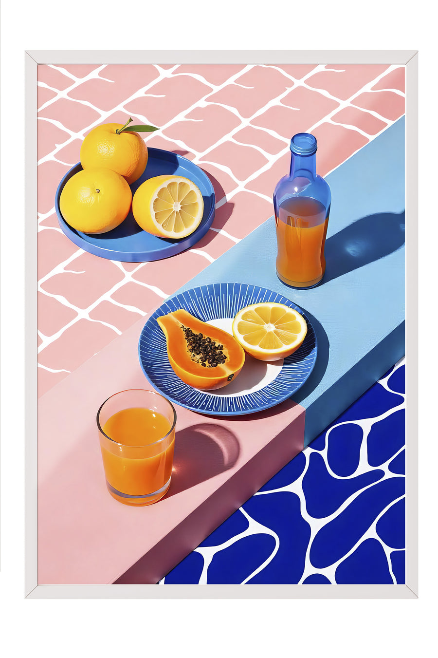 Beyaz Çerçeveli Tablo, Portakallar ve Limonlar, İllüstrasyon, Maximalist, Pembe Renk Poster, 2025 Yaz Seçkisi, NO:109787