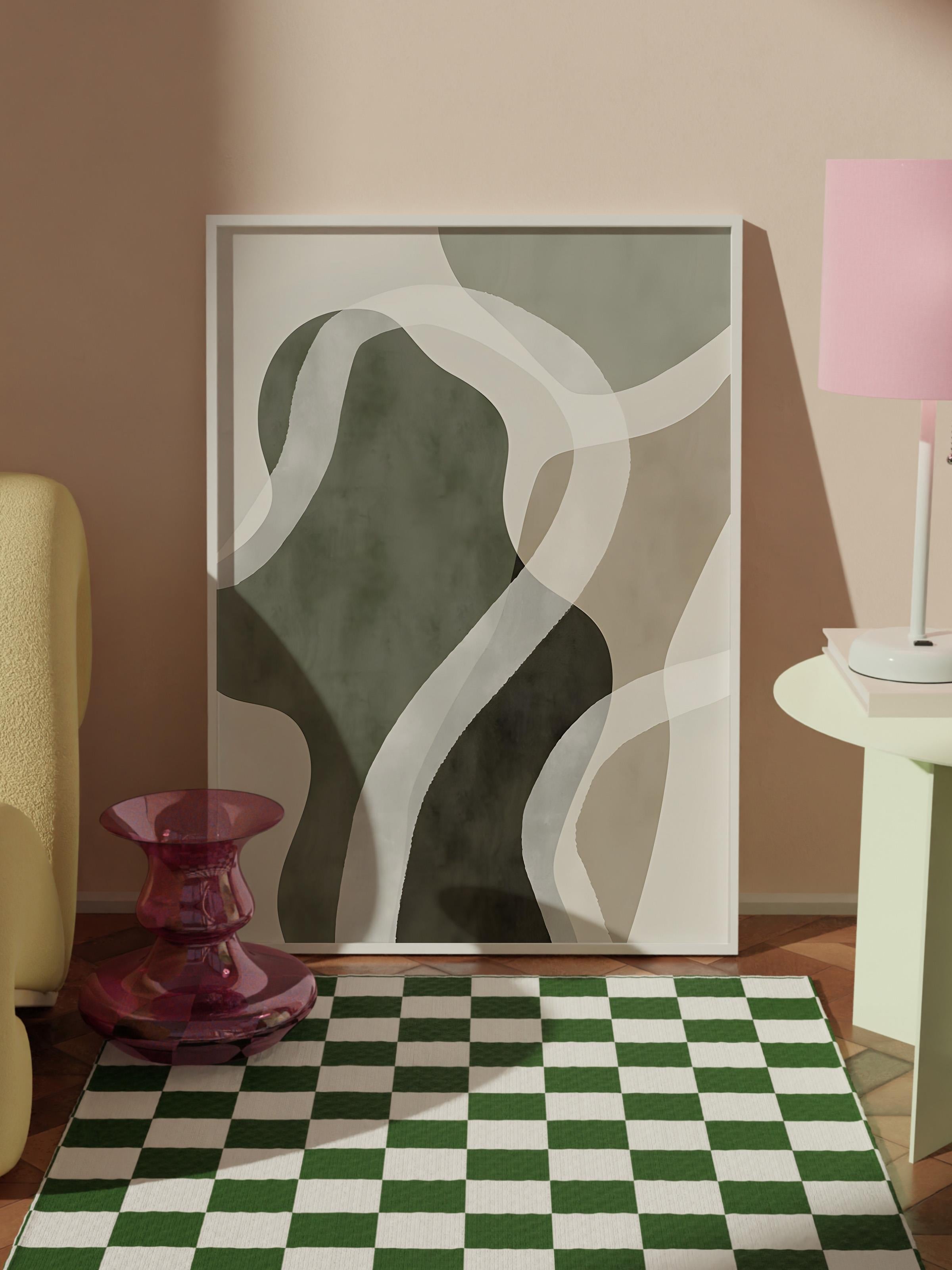 Beyaz Çerçeveli Tablo, Poster ve Çerçeve Seti, Abstract Green Shapes No1 Comfort Serisi NO:108592