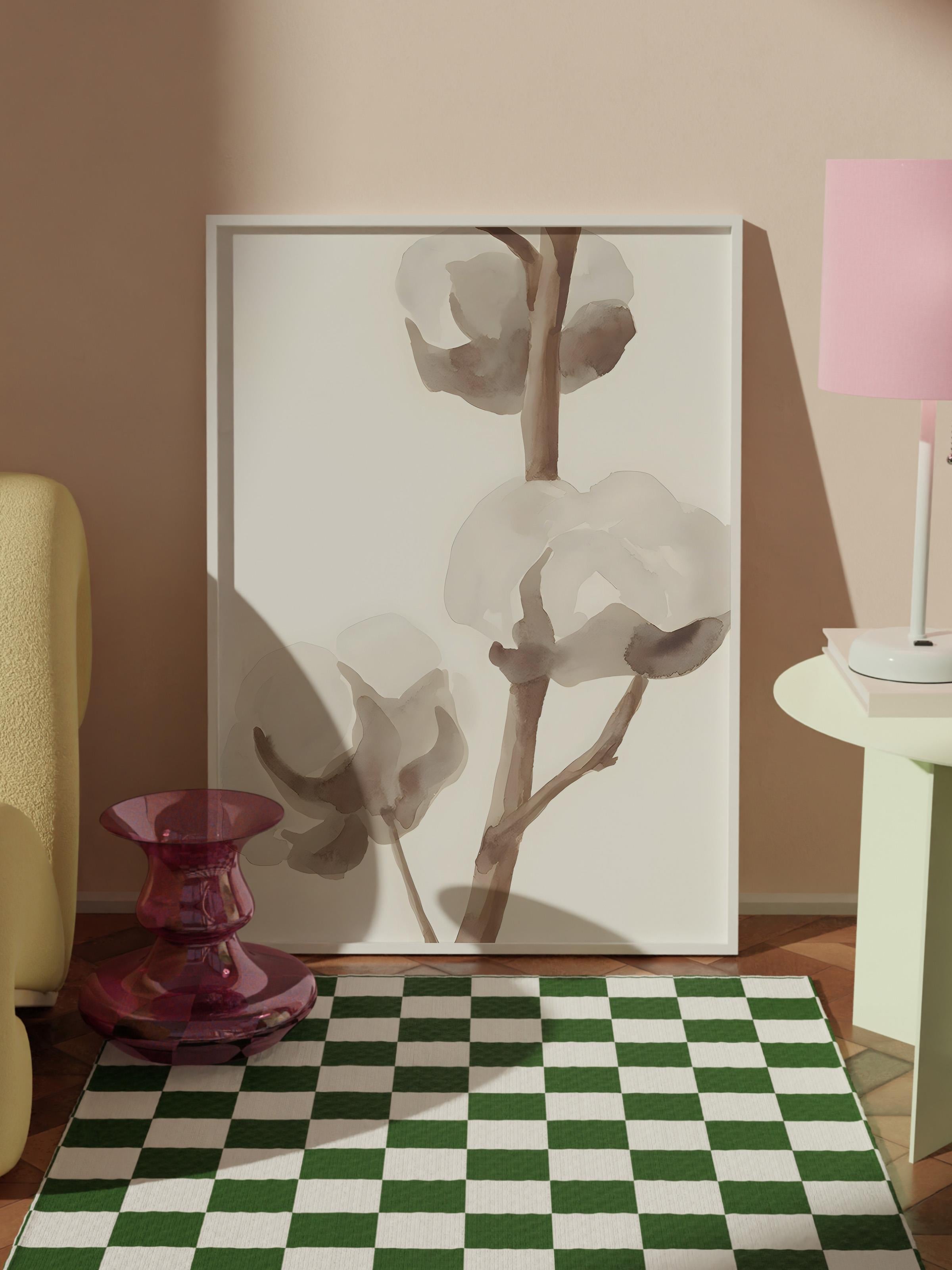 Beyaz Çerçeveli Tablo, Poster ve Çerçeve Seti, Aquarelle Cotton Flowers Comfort Serisi NO:108584