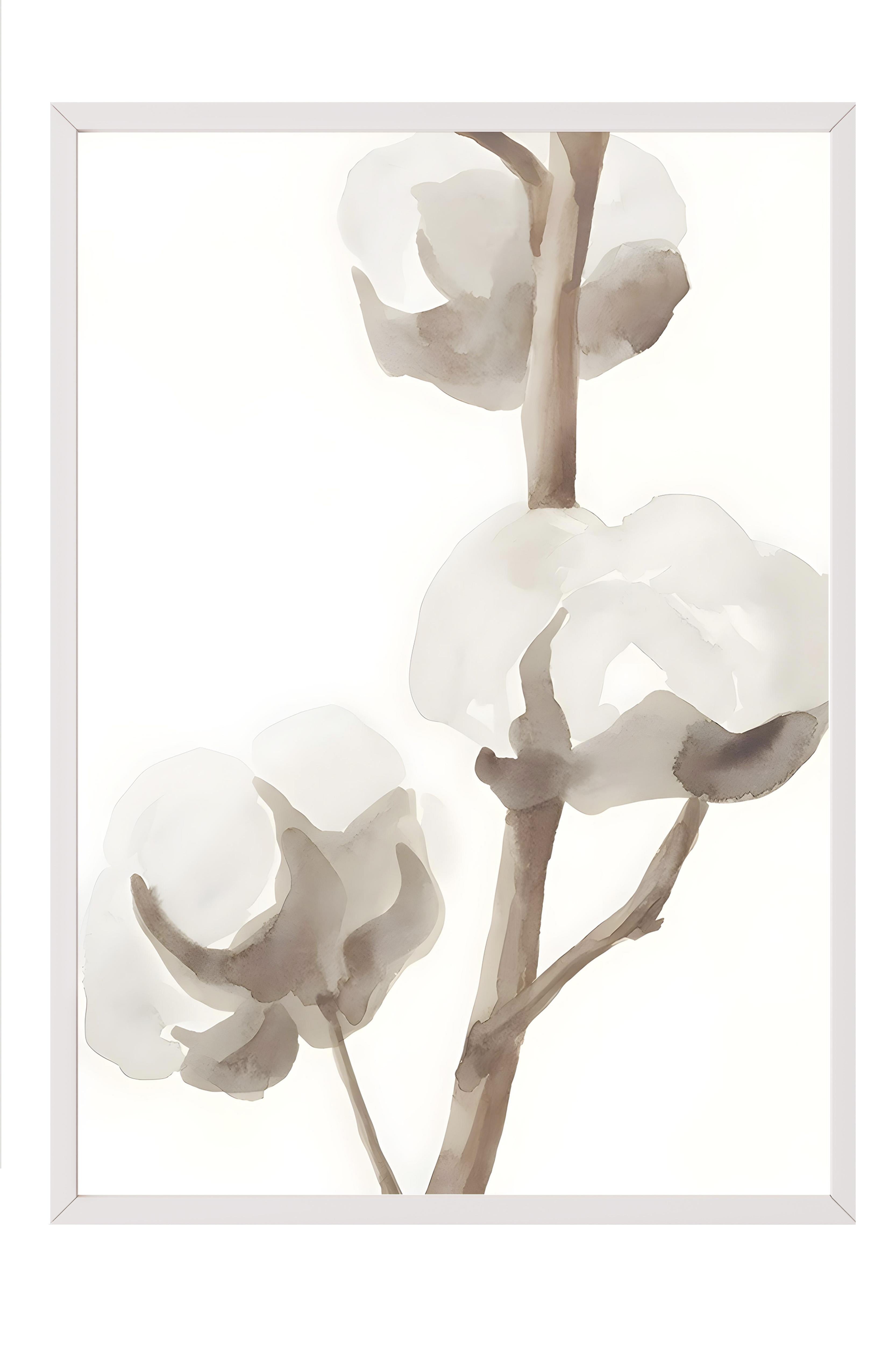 Beyaz Çerçeveli Tablo, Poster ve Çerçeve Seti, Aquarelle Cotton Flowers Comfort Serisi NO:108584
