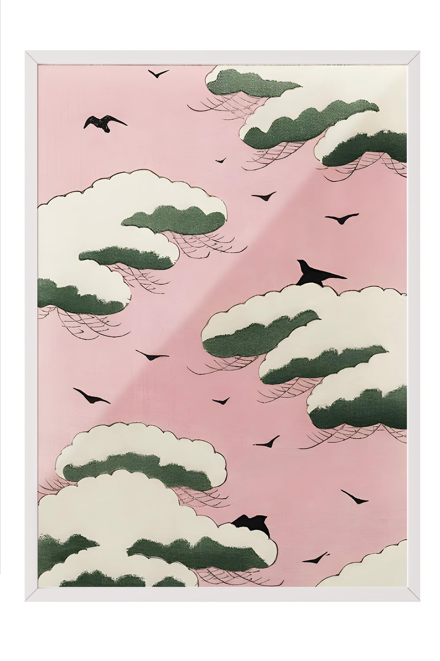 Pembe Gökyüzünde Çam Bulutları Japon Sanatı Poster – Beyaz Çerçeveli Tablo