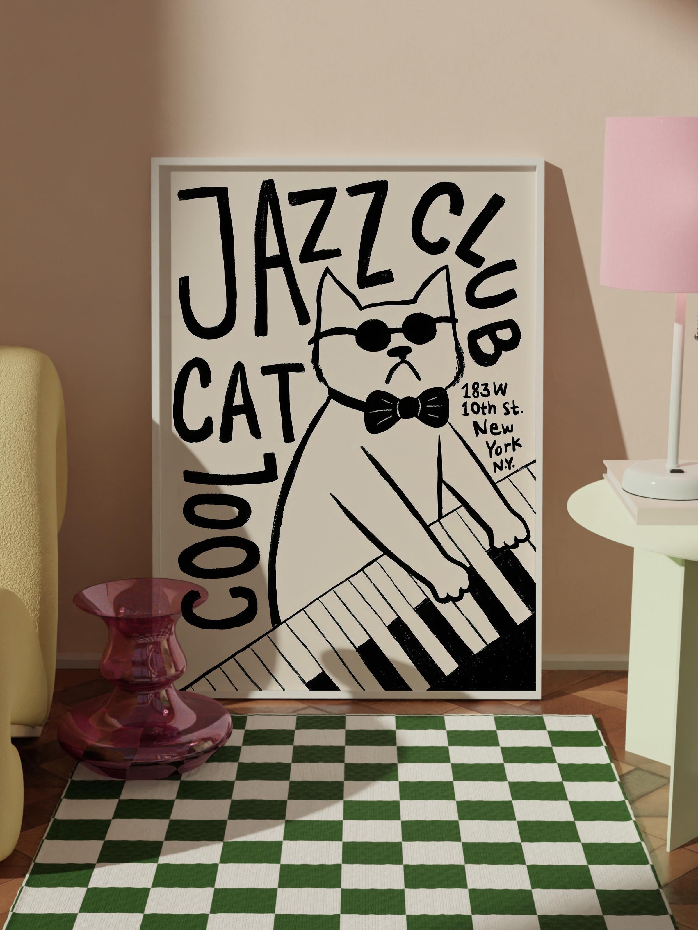 Beyaz Çerçeveli Tablo,  Duvar Tablosu, Cool Cat Jazz Club Comfort Serisi NO:108688