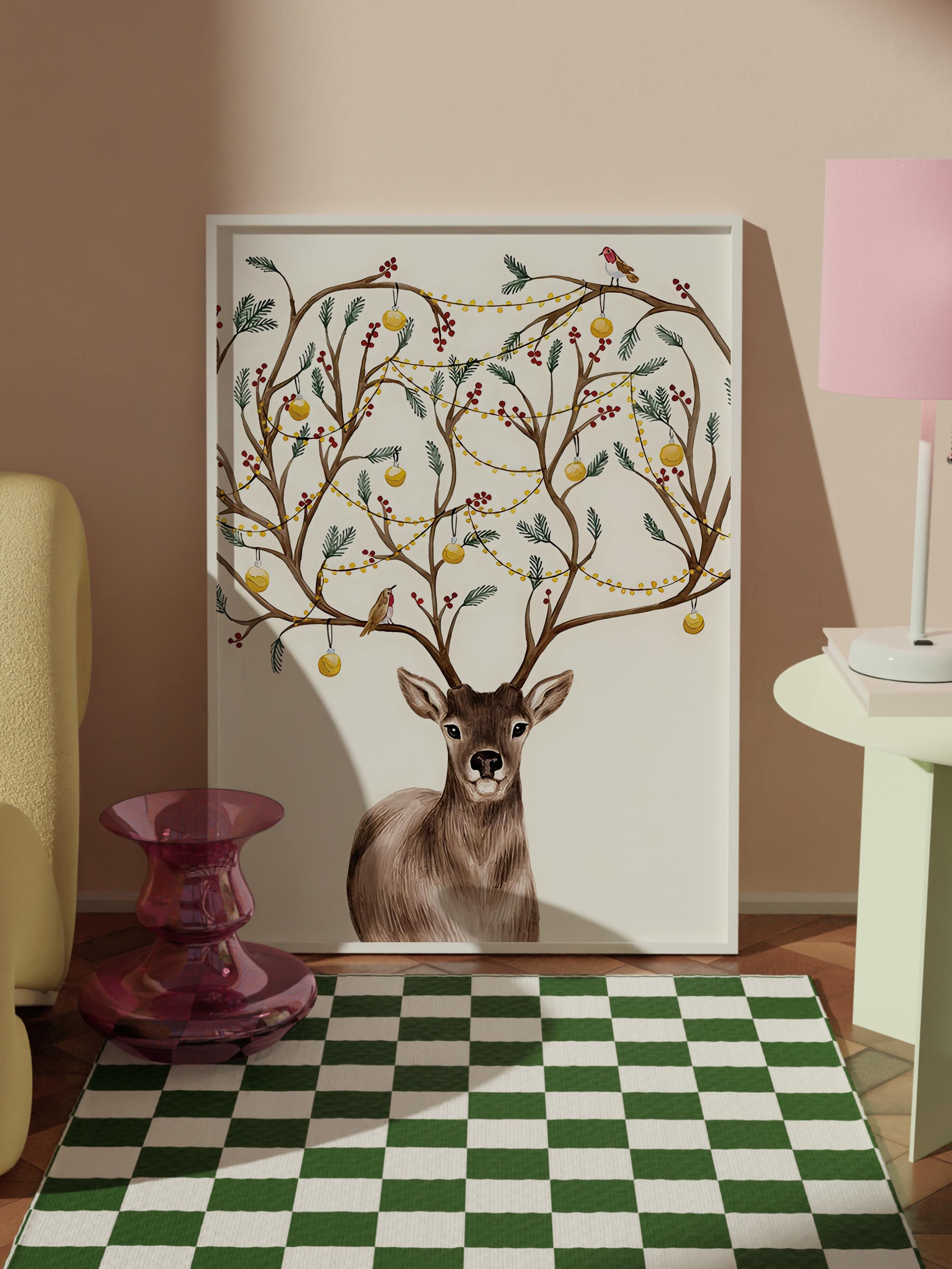 Beyaz Çerçeveli Tablo, Yılbaşı Poster, Yılbaşı Dekoru, Decorated Deer Comfort Serisi NO:108642