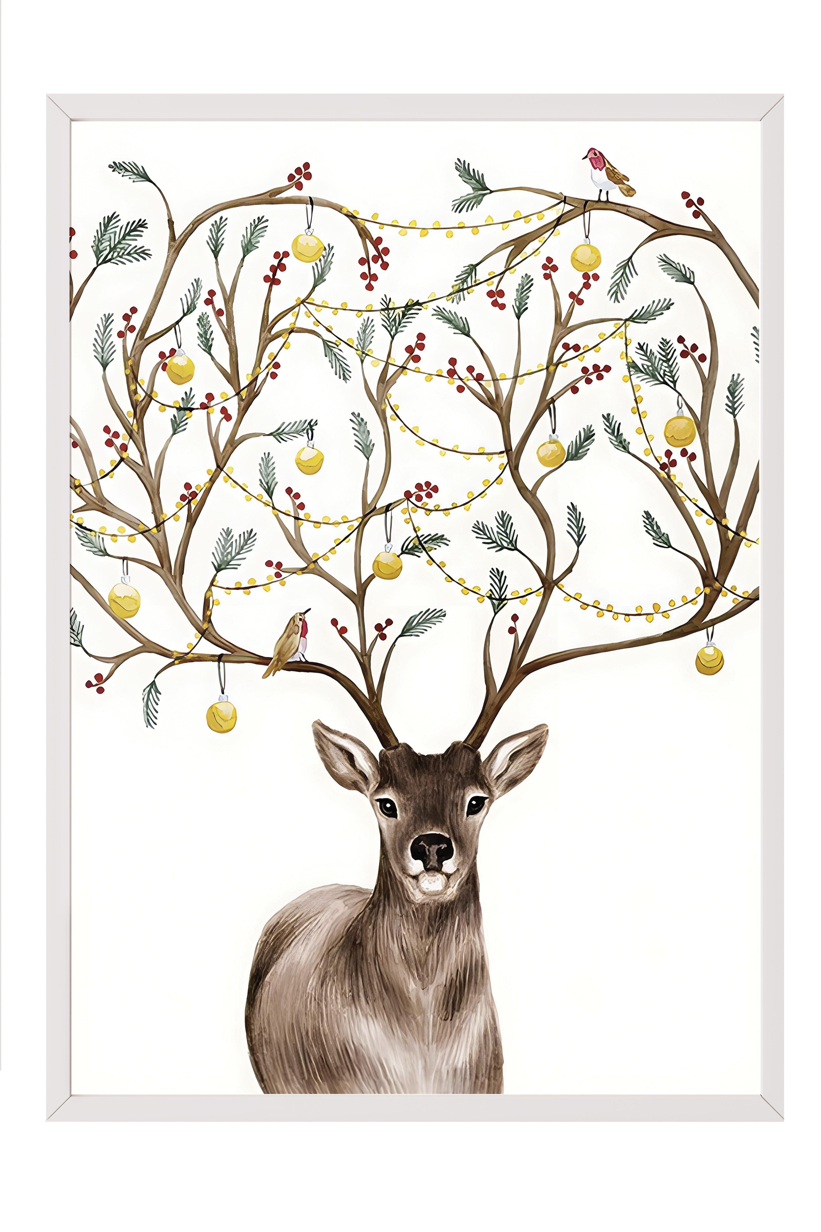 Beyaz Çerçeveli Tablo, Yılbaşı Poster, Yılbaşı Dekoru, Decorated Deer Comfort Serisi NO:108642