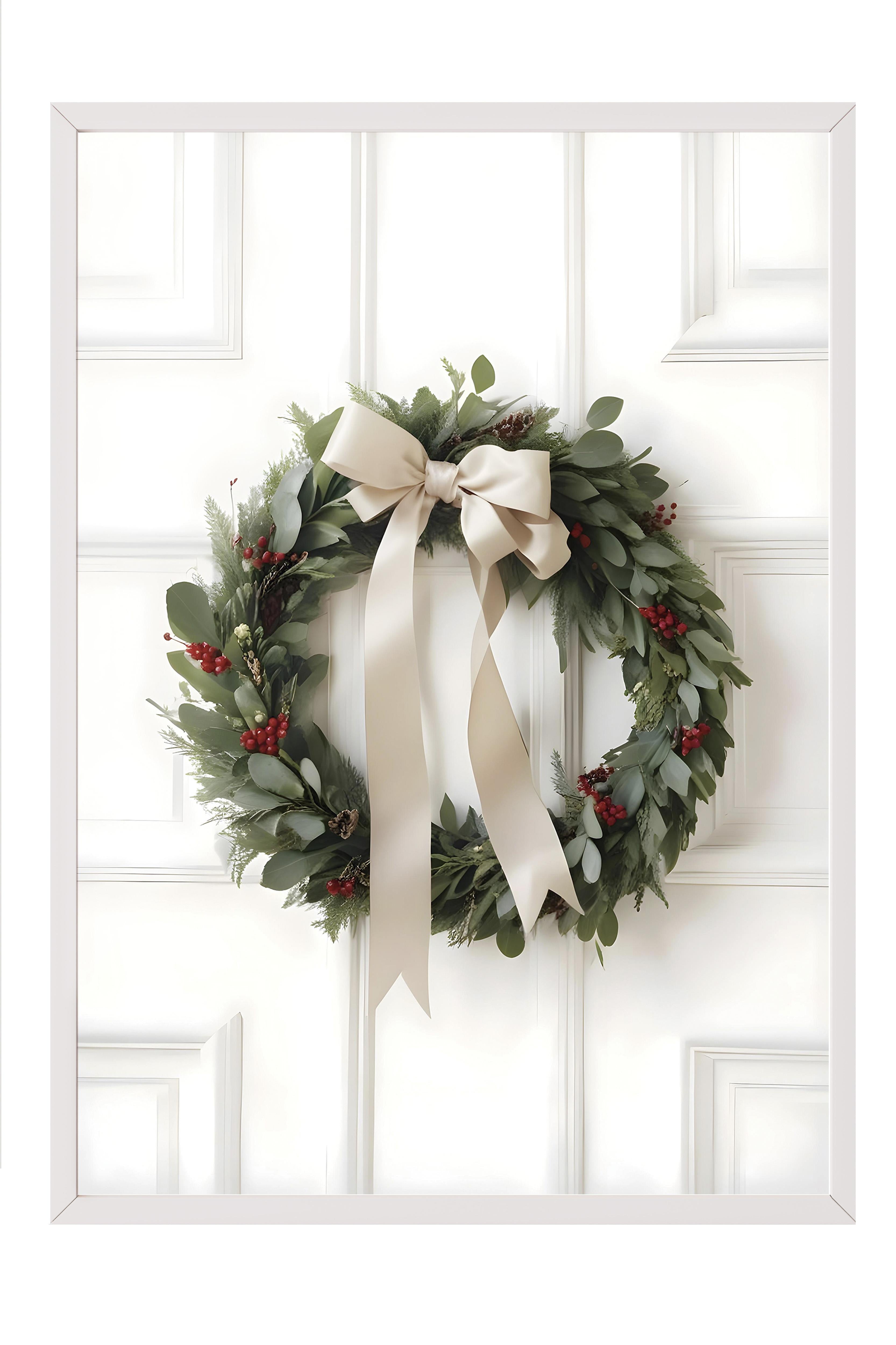 Beyaz Çerçeveli Tablo, Yılbaşı Poster, Yılbaşı Dekoru, Eucalyptus Wreath Comfort Serisi NO:108621