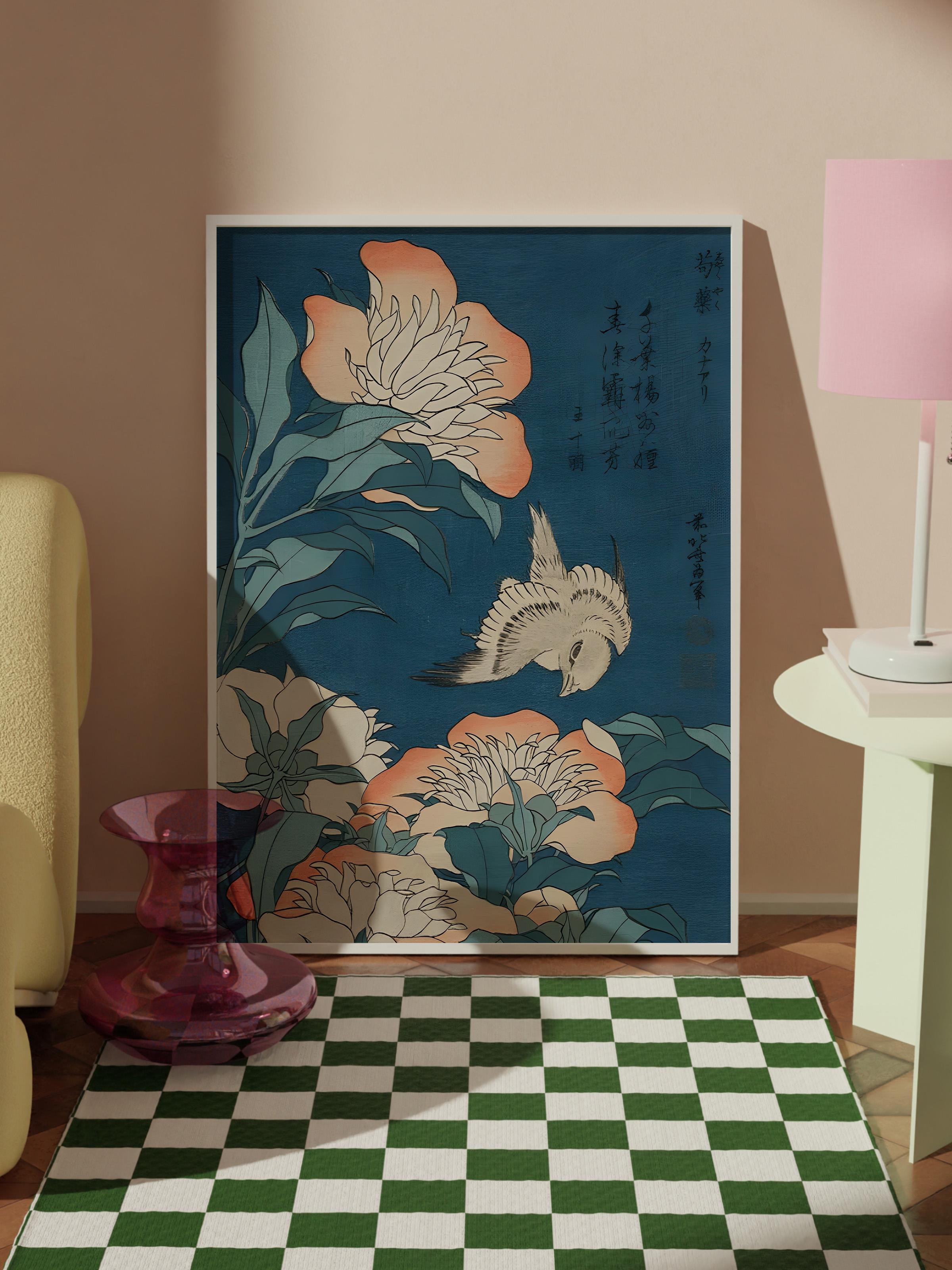 Beyaz Çerçeveli Tablo,  Duvar Tablosu, Hokusai - Peonies And Canary Comfort Serisi NO:108694