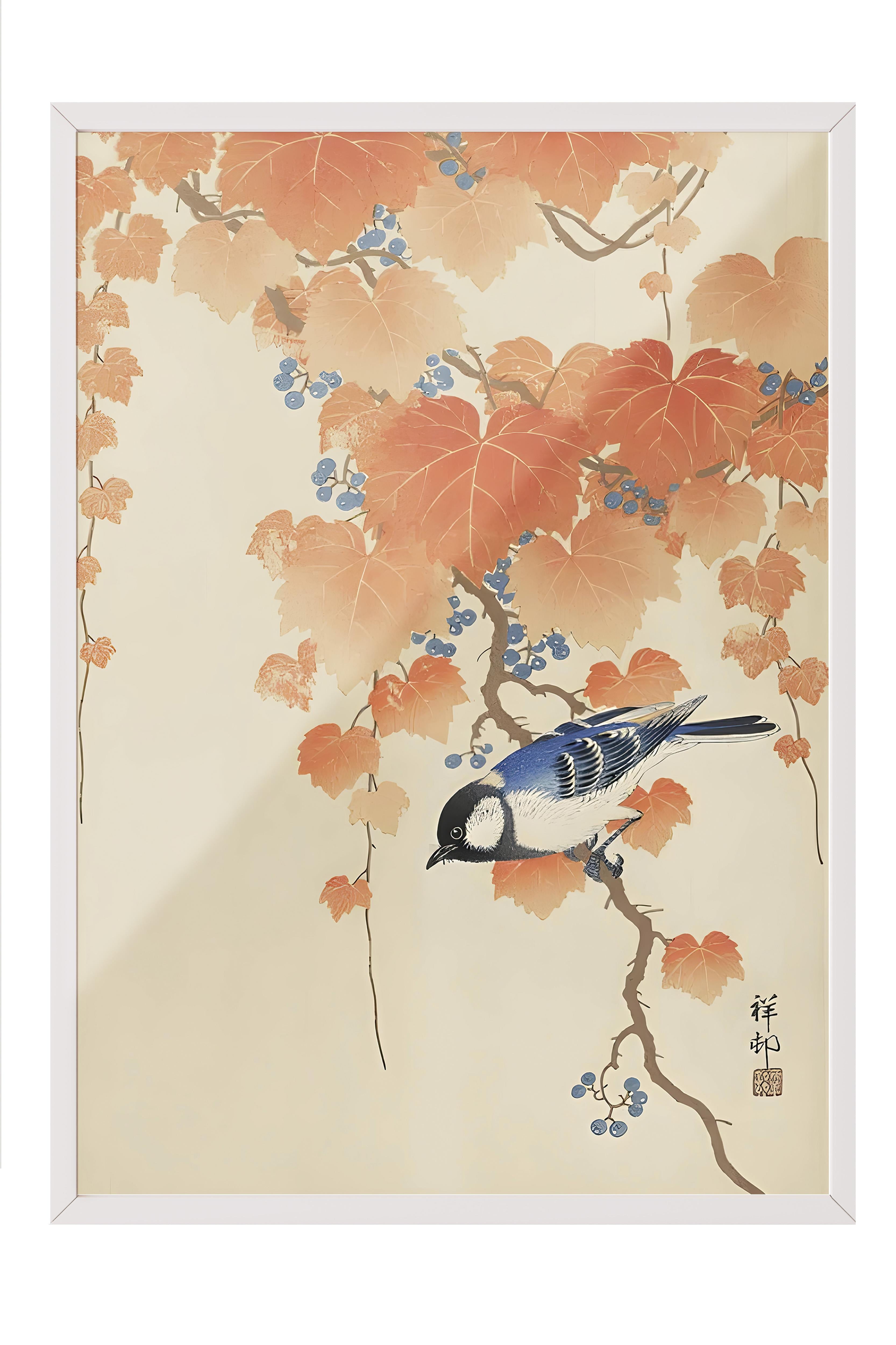 Beyaz Çerçeveli Tablo,  Duvar Tablosu, Ohara Koson - Bird On Branch Comfort Serisi NO:108712